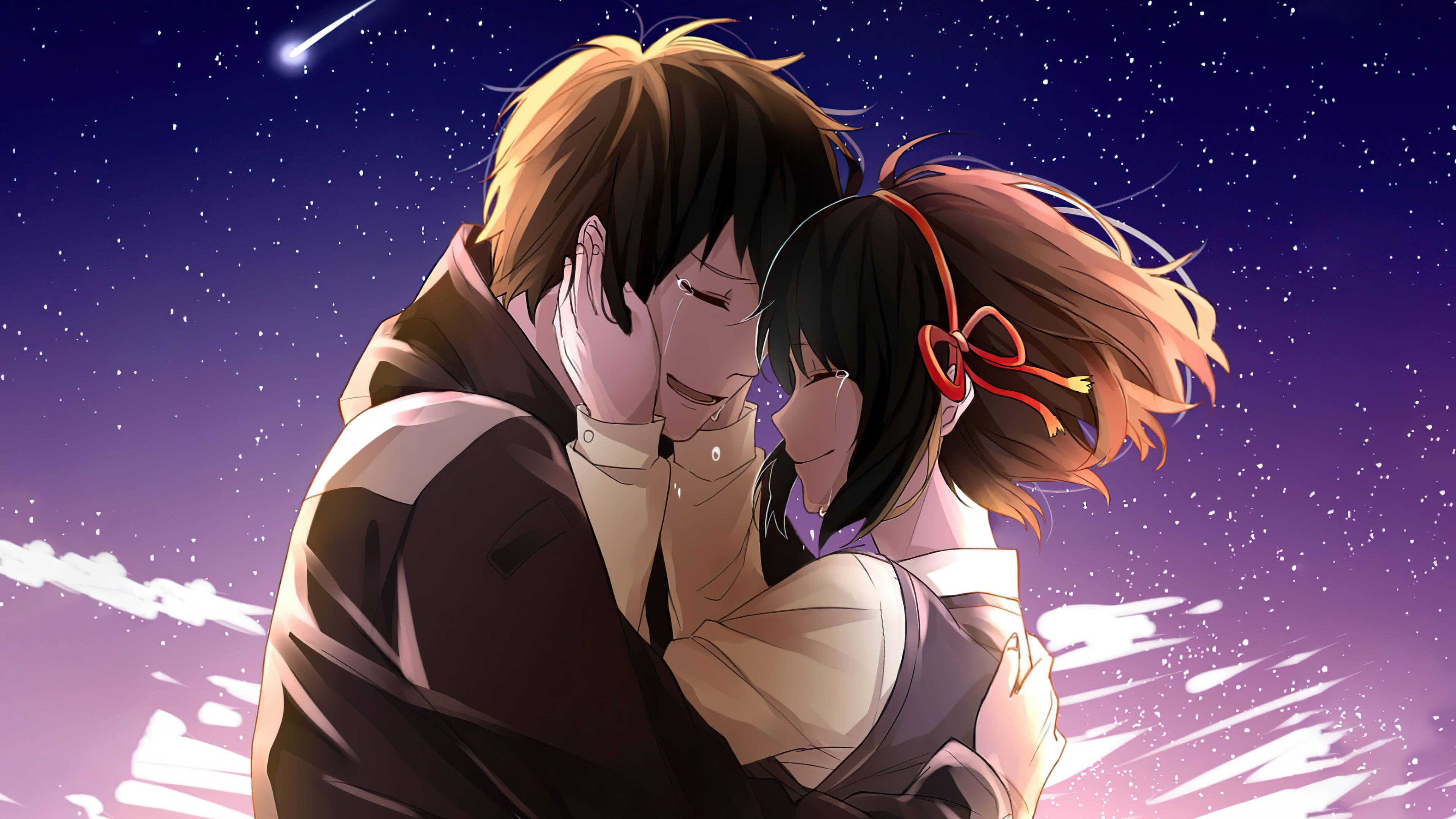 Anime couple Mitsuha Miyamizu and Taki Tachibana from the movie Your Name standing together in a scenic landscape.
