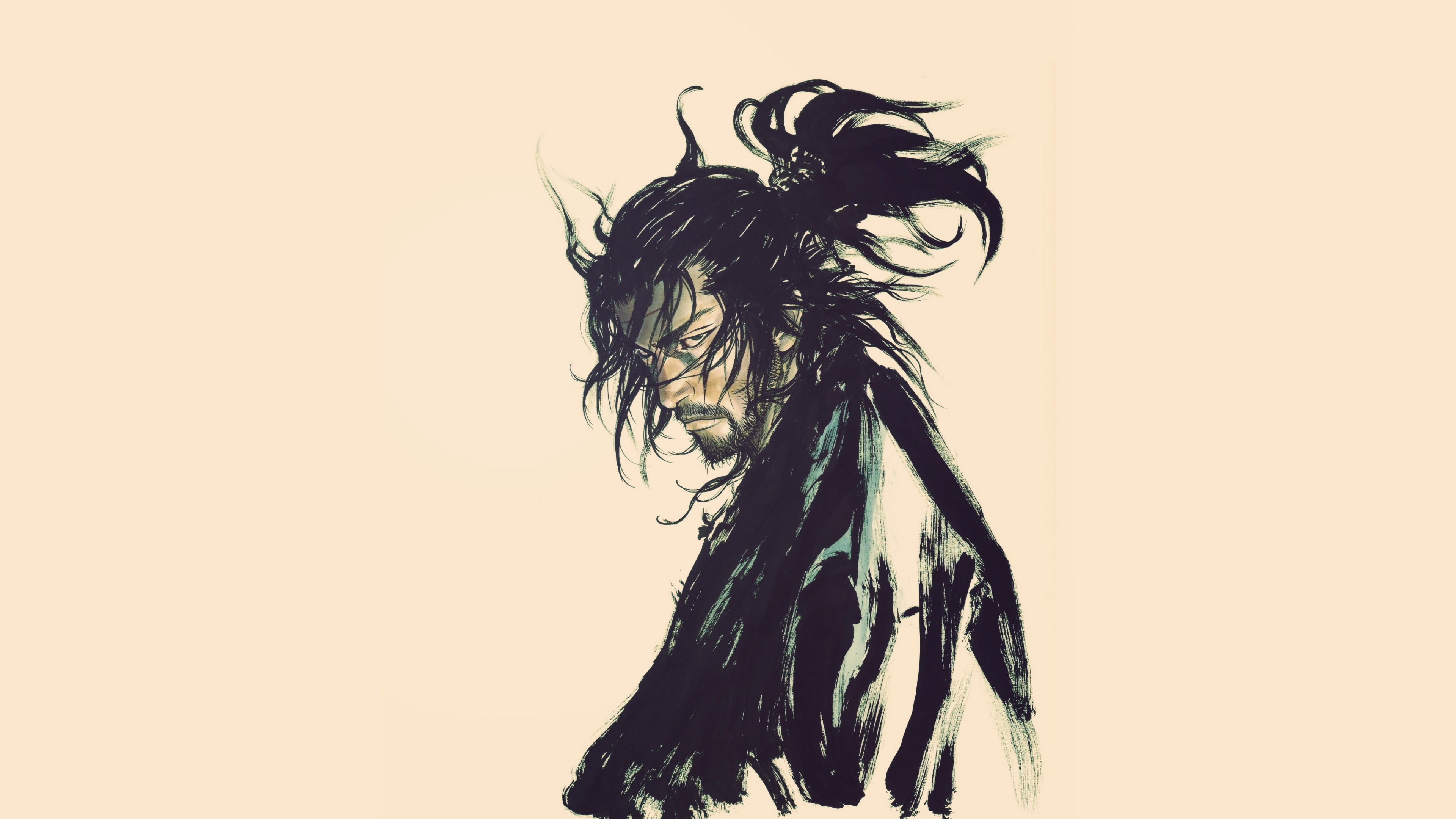 Detailed portrait of Miyamoto Musashi from the Vagabond manga, showcasing a rugged and determined expression.