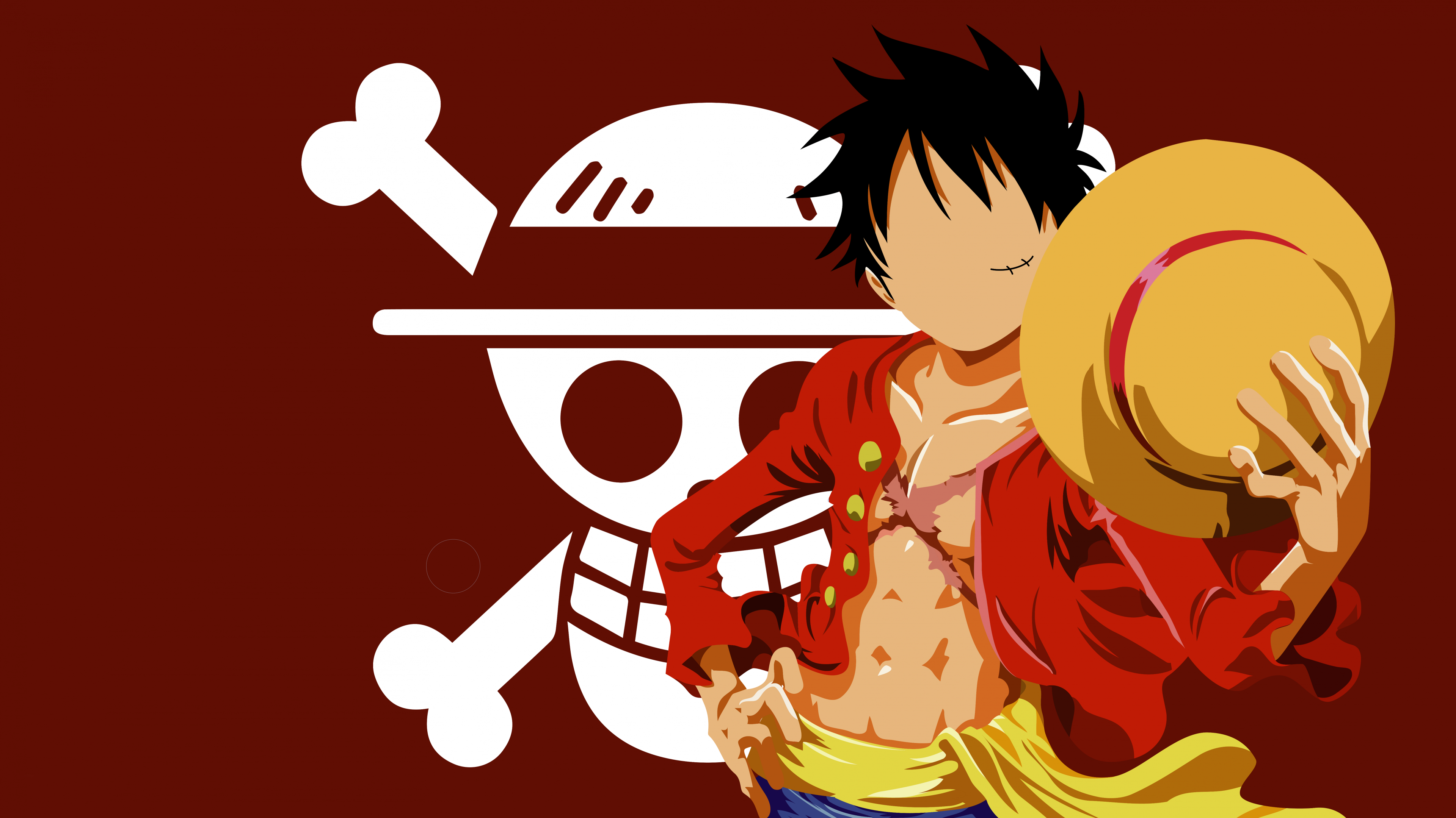 Minimalist illustration of Monkey D. Luffy from One Piece against a solid red background.