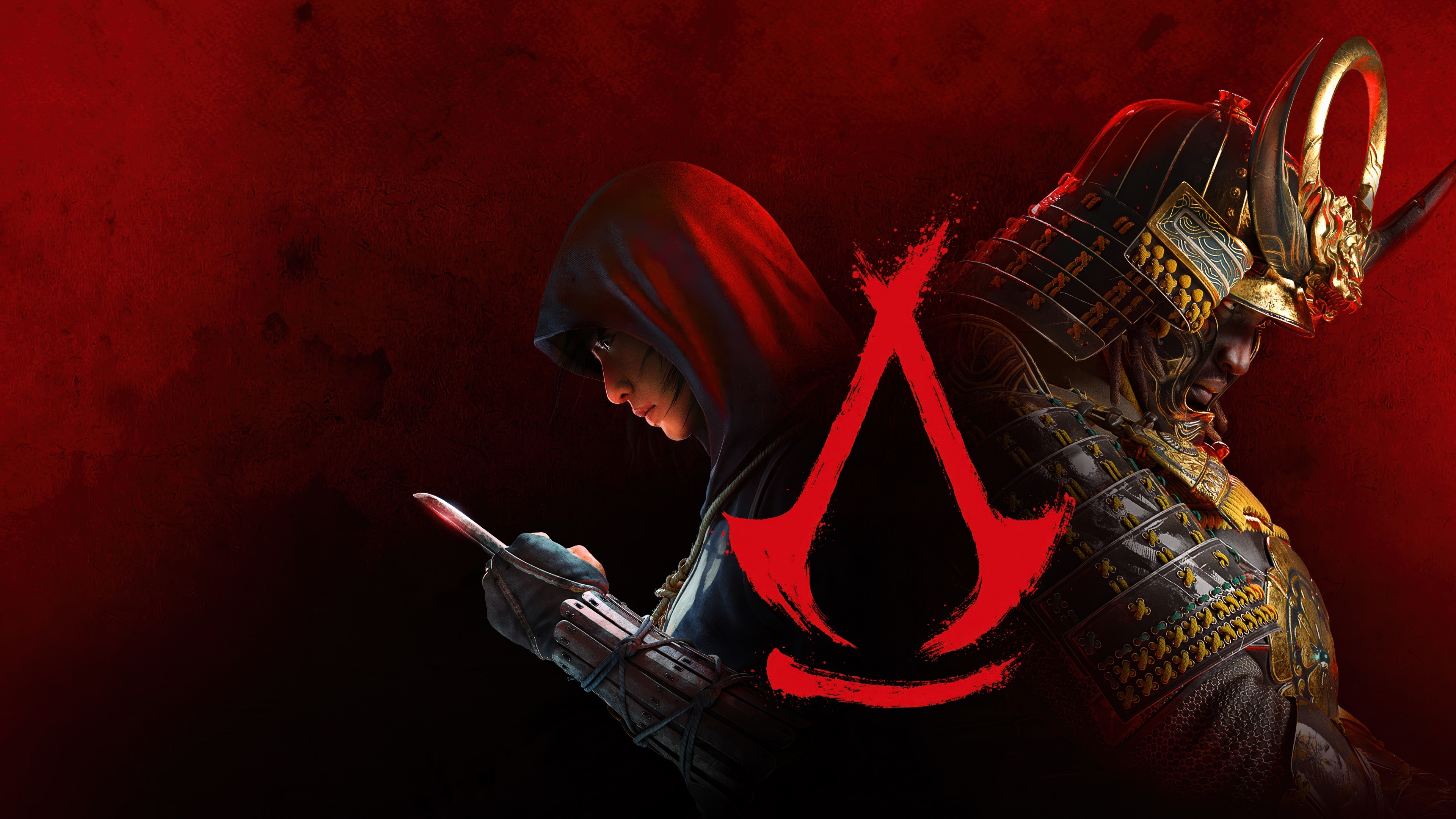 Cinematic red-themed portrait of Naoe and Yasuke from Assassin's Creed Shadows.