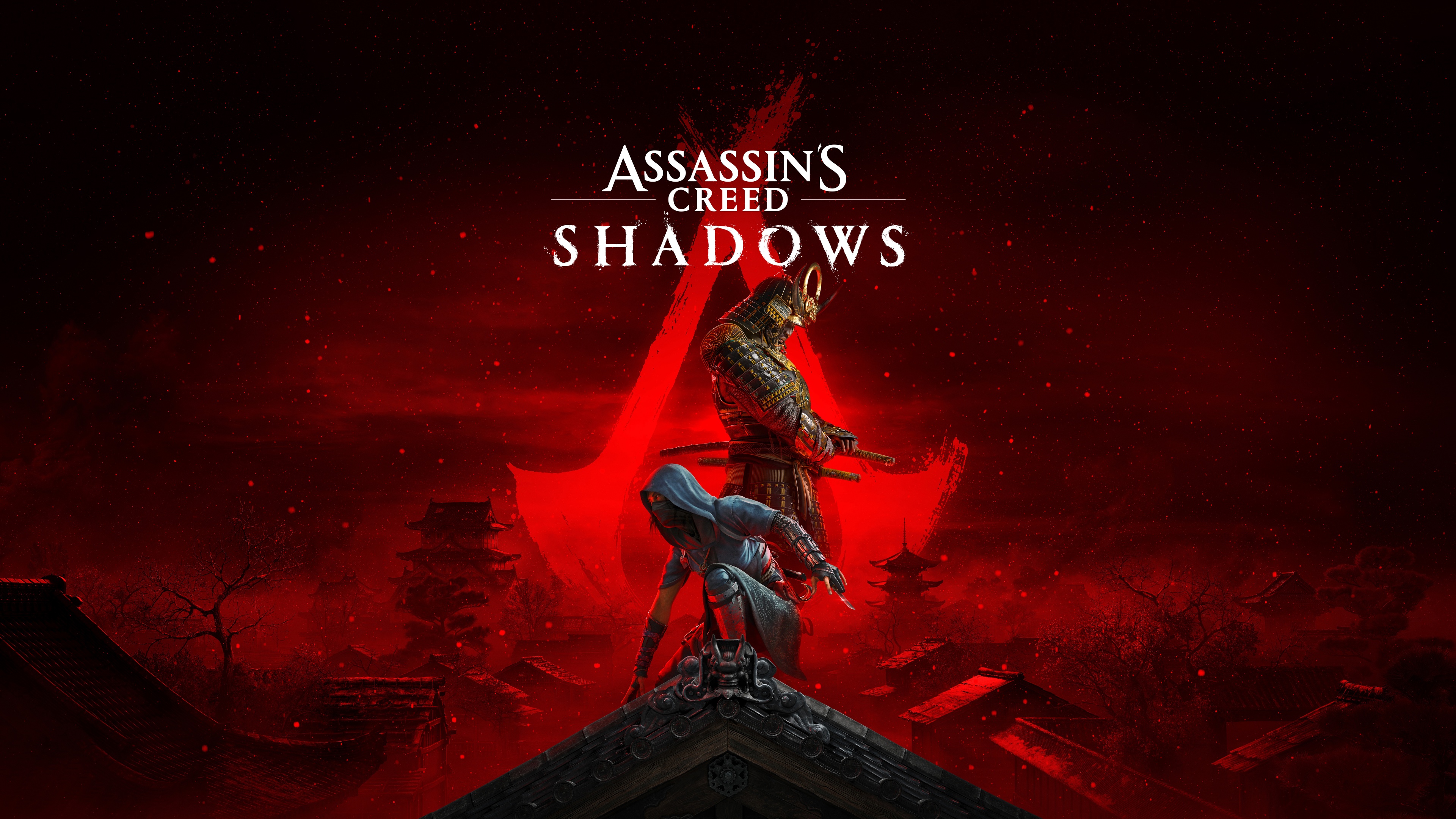 Cinematic game art featuring Naoe and Yasuke from Assassin's Creed Shadows in a feudal Japan setting.