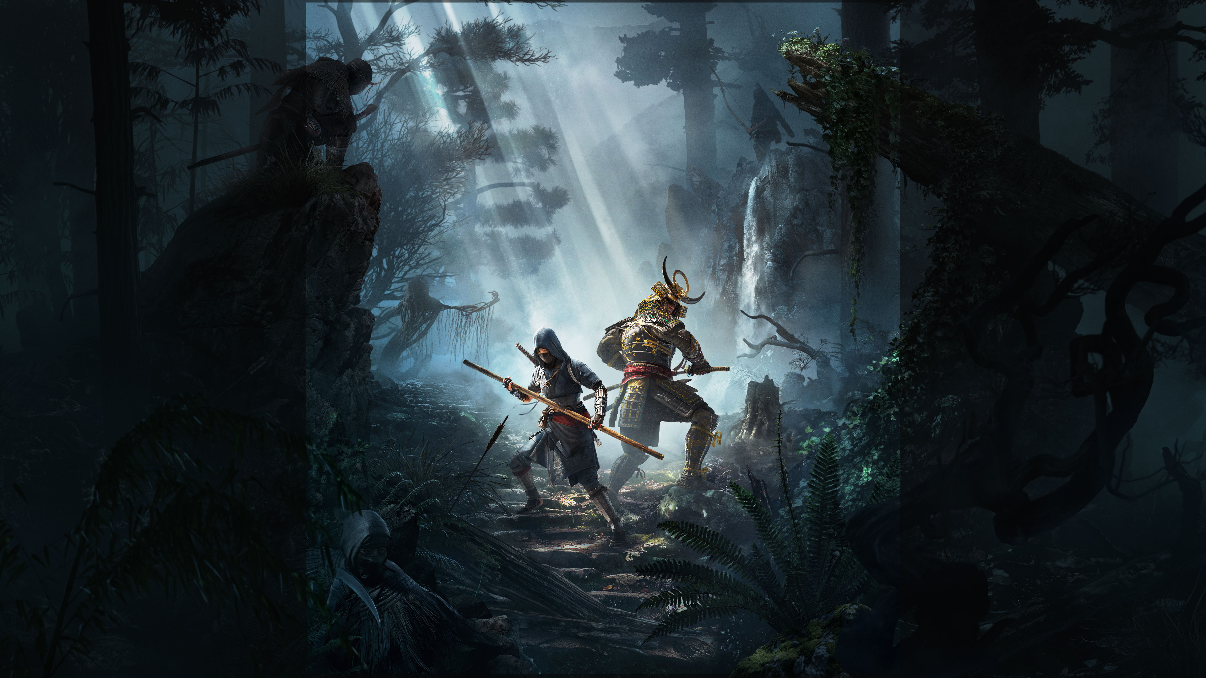 Naoe and Yasuke standing in a misty, dark forest from Assassin's Creed Shadows