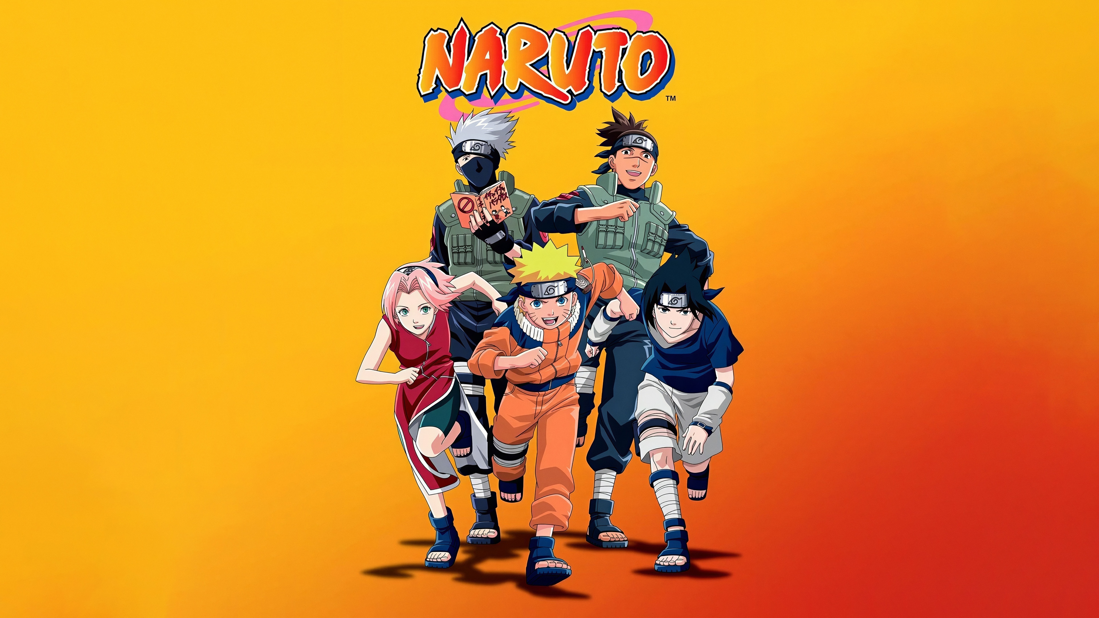 Detailed anime poster featuring Naruto Uzumaki, Sasuke Uchiha, Sakura Haruno, and Kakashi Hatake from Naruto on a vibrant orange background.