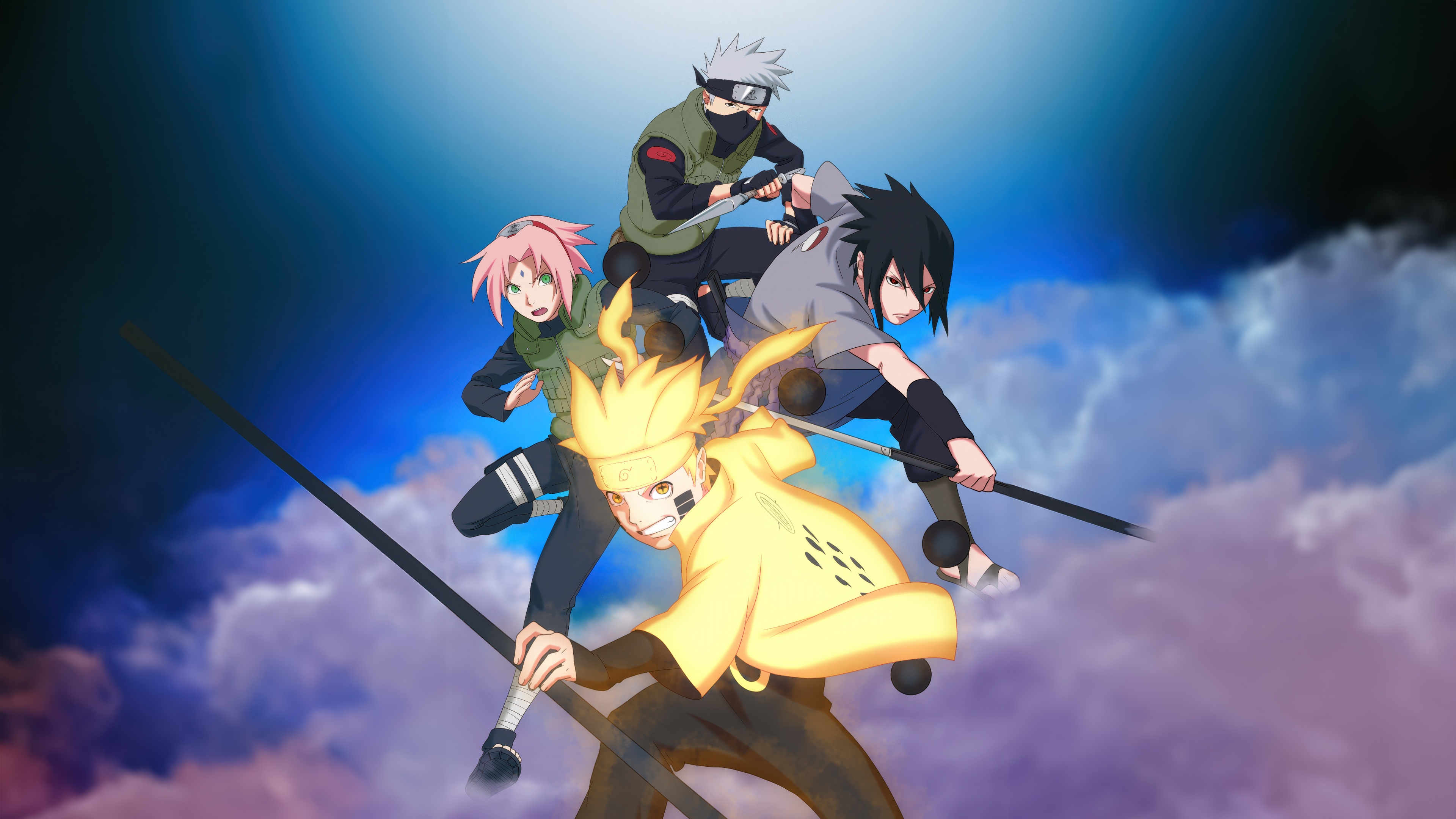 A high-definition cinematic poster featuring Kakashi Hatake, Sasuke Uchiha, Sakura Haruno, and Naruto Uzumaki from the Naruto anime series.