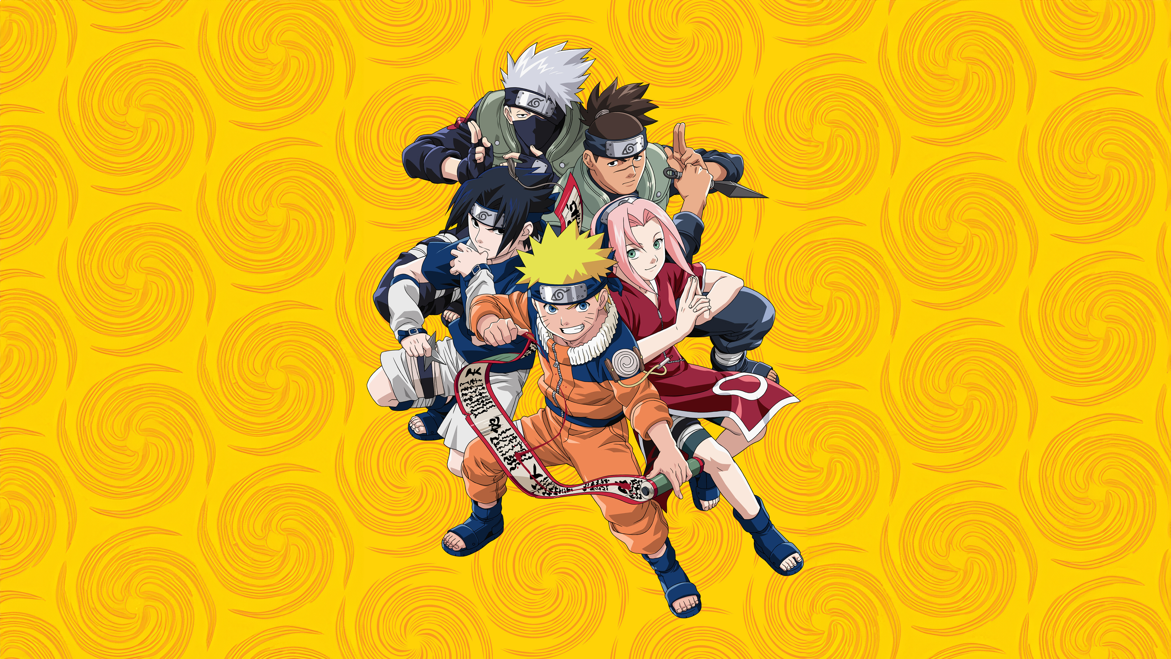 Kakashi Hatake, Sasuke Uchiha, Sakura Haruno, and Naruto Uzumaki from the Naruto anime series posed against a solid yellow background.