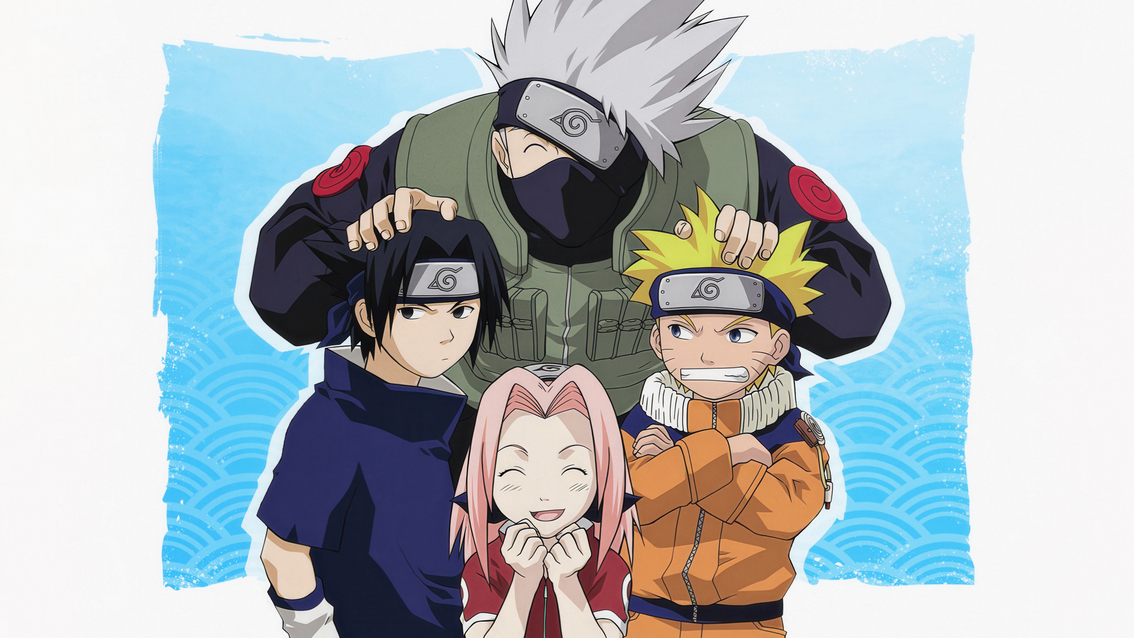 A group portrait of Naruto Uzumaki, Sasuke Uchiha, Sakura Haruno, and Kakashi Hatake from the Naruto anime.