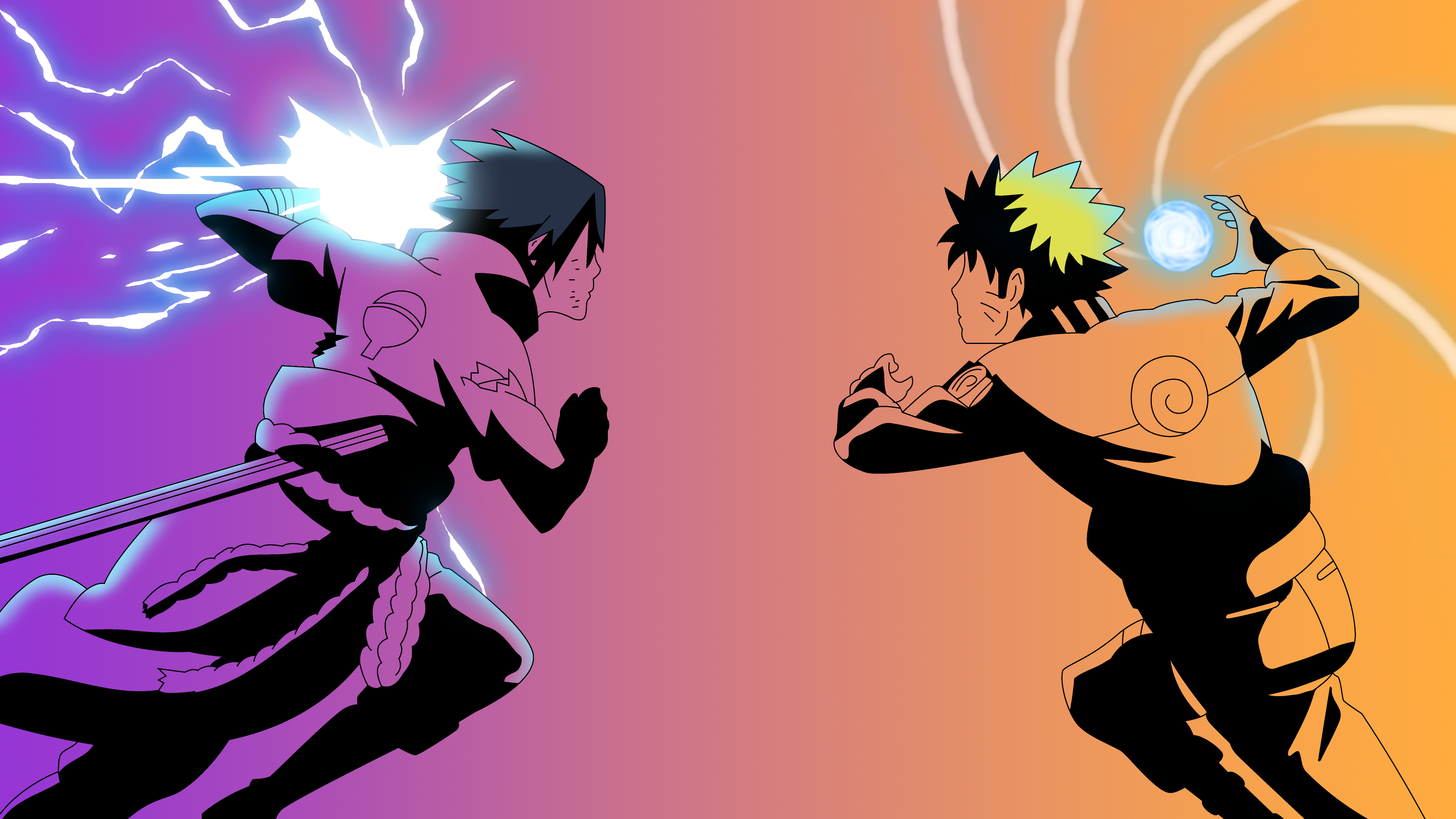 Naruto Uzumaki and Sasuke Uchiha from the Naruto anime series against a vibrant gradient background