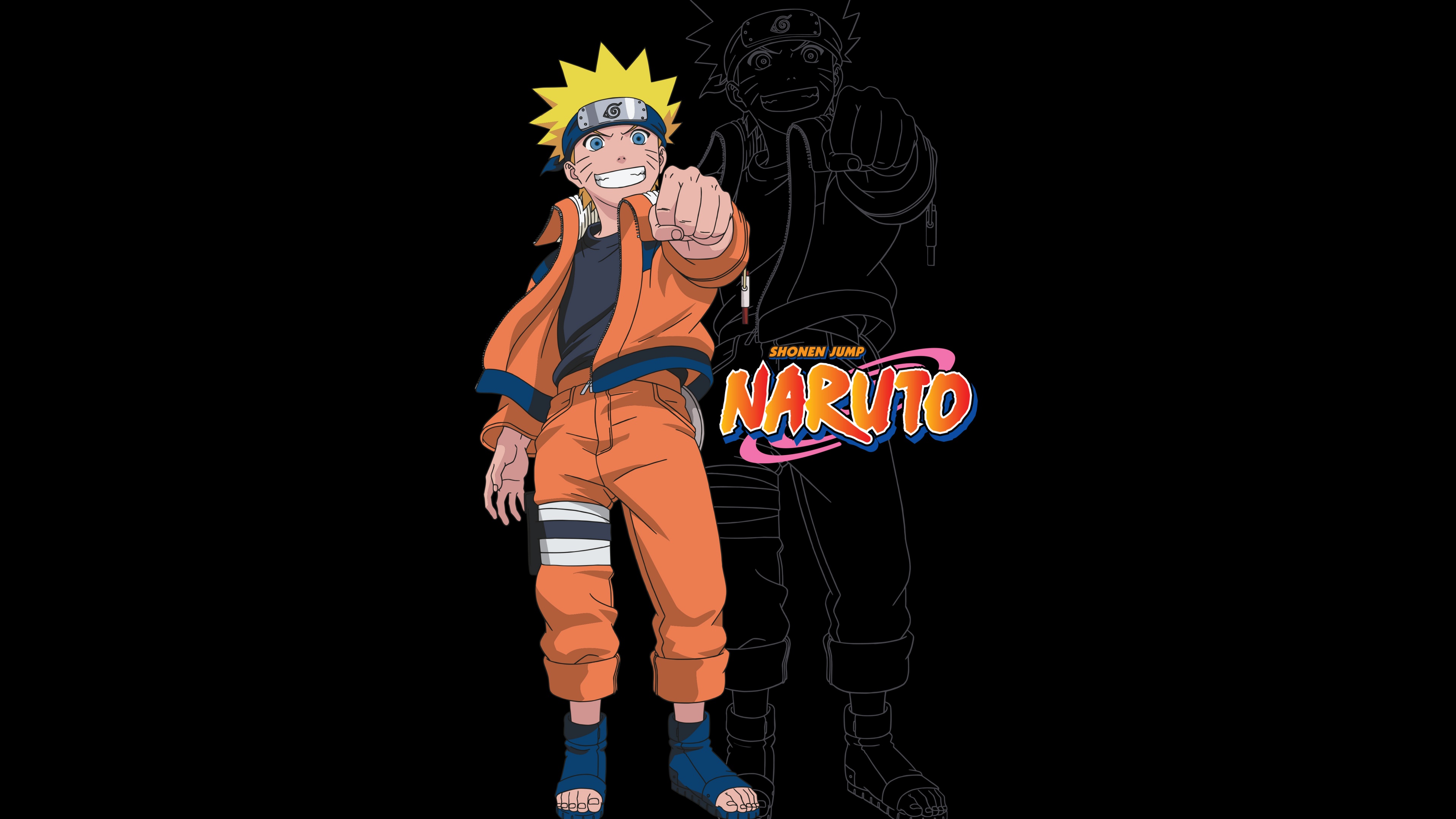 A high-resolution 5K portrait of Naruto Uzumaki from Naruto against a solid black background.