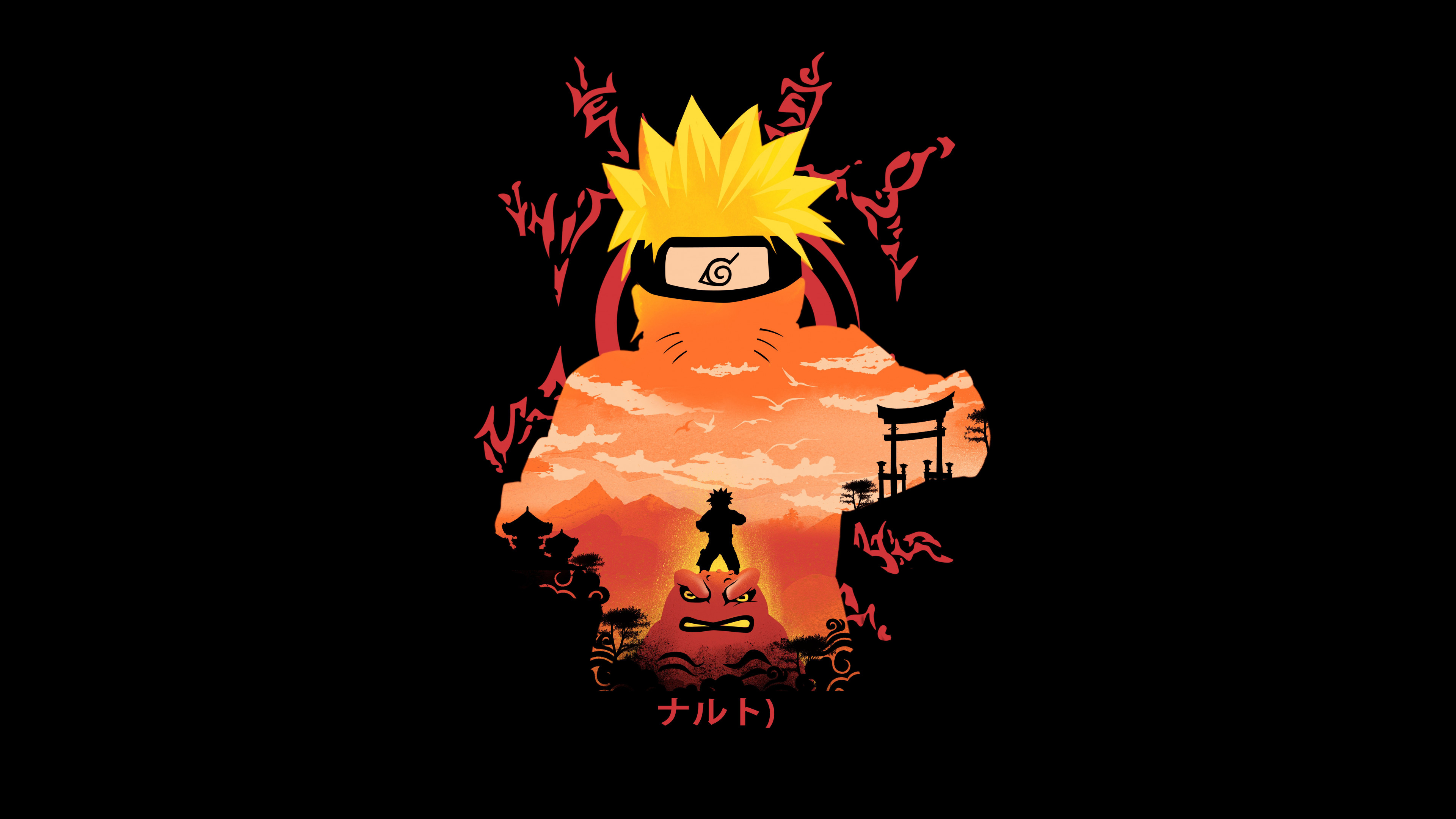 A high-contrast digital art portrait of Naruto Uzumaki from the Naruto anime against a solid black background.