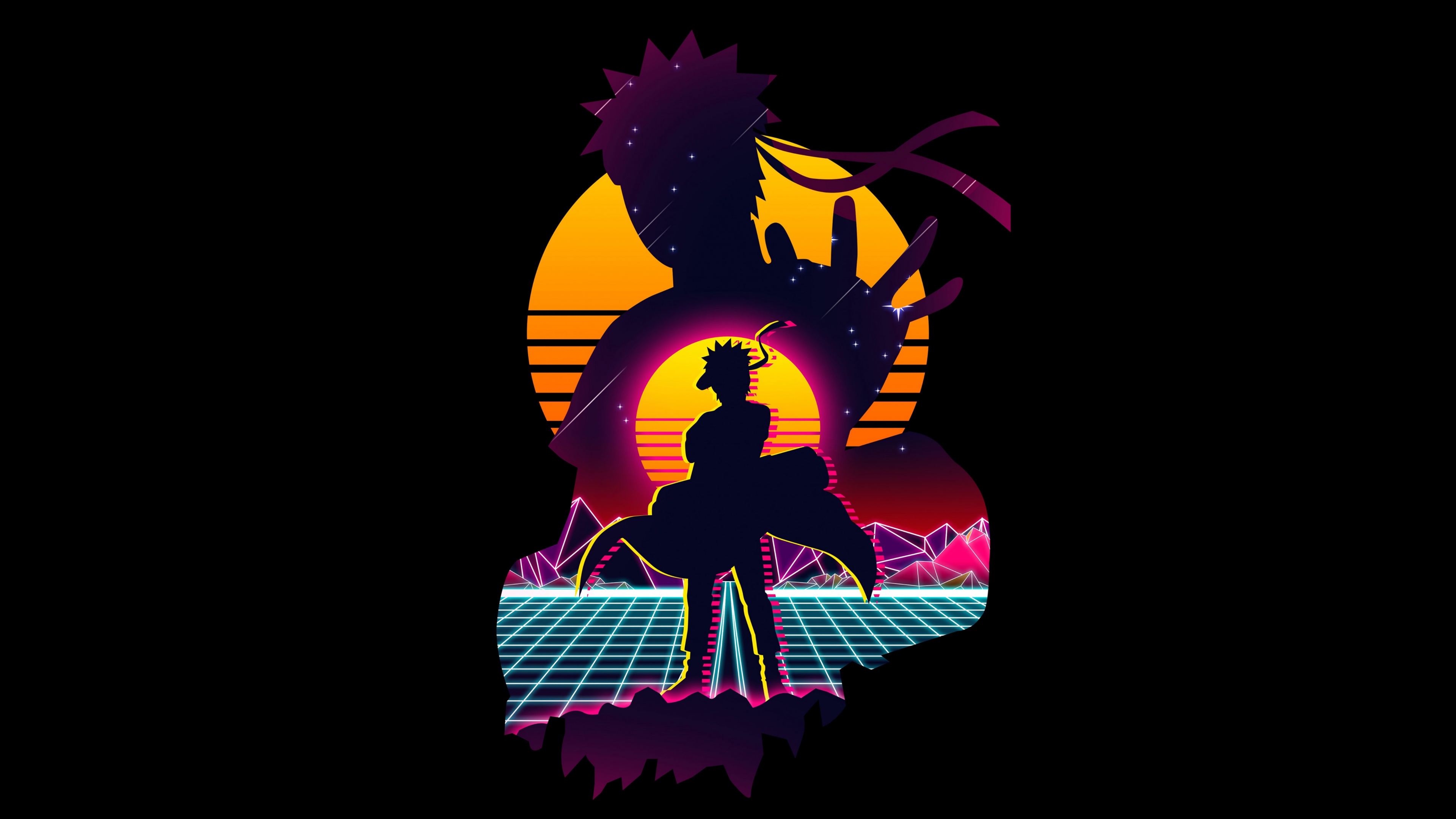 Minimalist silhouette of Naruto Uzumaki from the anime Naruto on a black background.