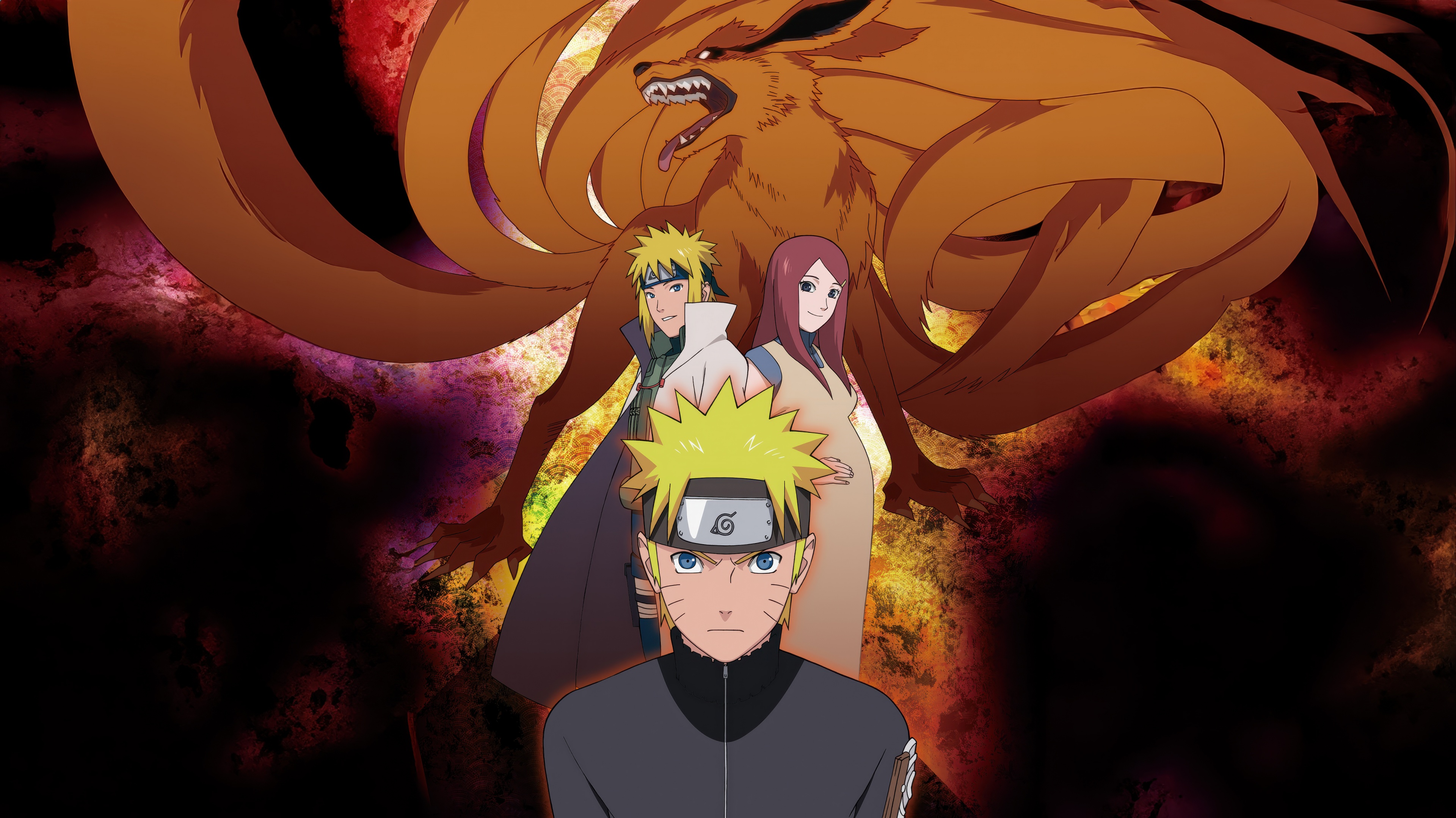 Naruto Uzumaki, Minato Namikaze, Kushina Uzumaki, and Kurama from the Naruto anime series.
