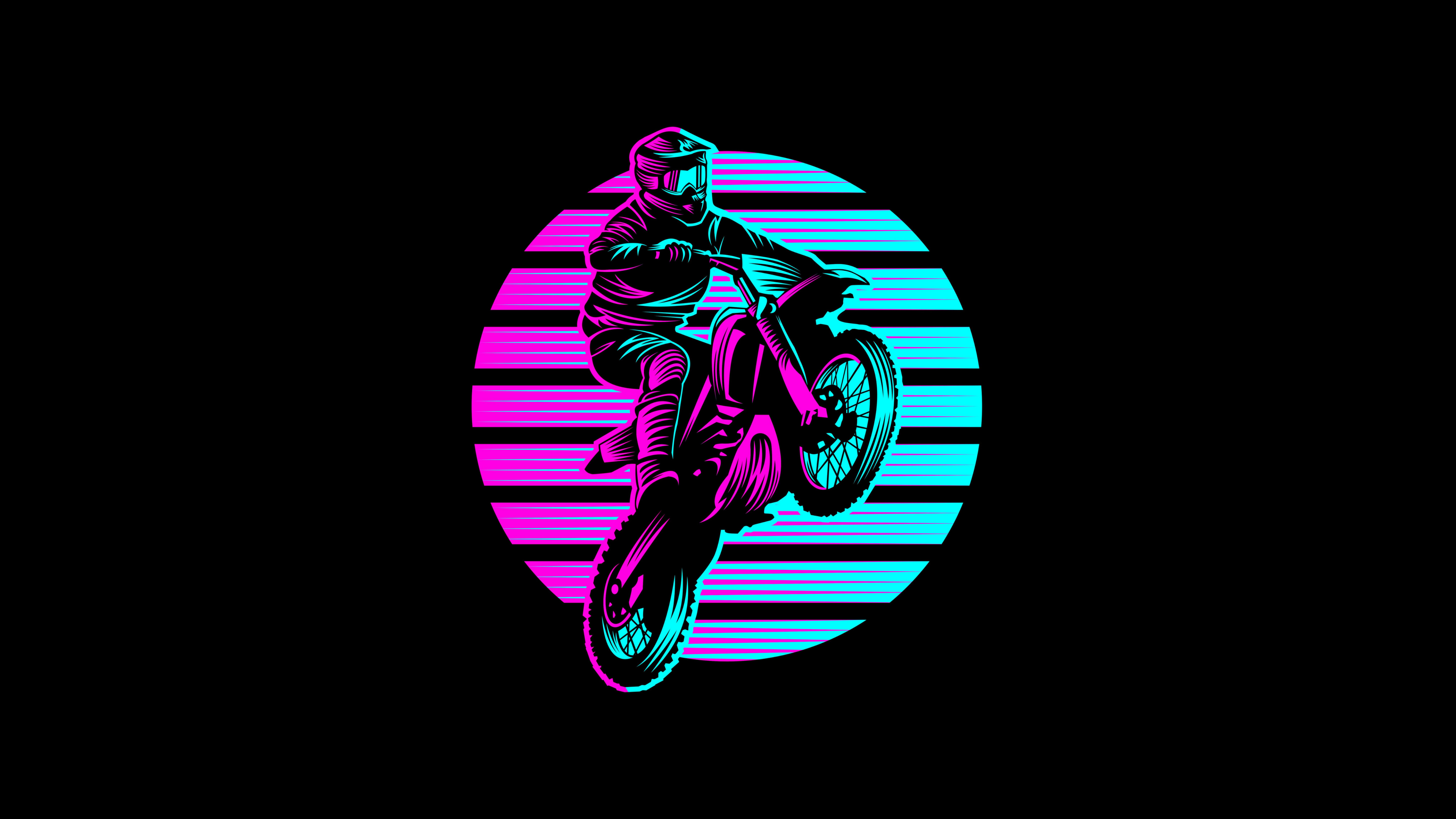 A motocross motorcycle and stuntman illuminated by vibrant neon pink and blue lights in a retrowave aesthetic against a black background.