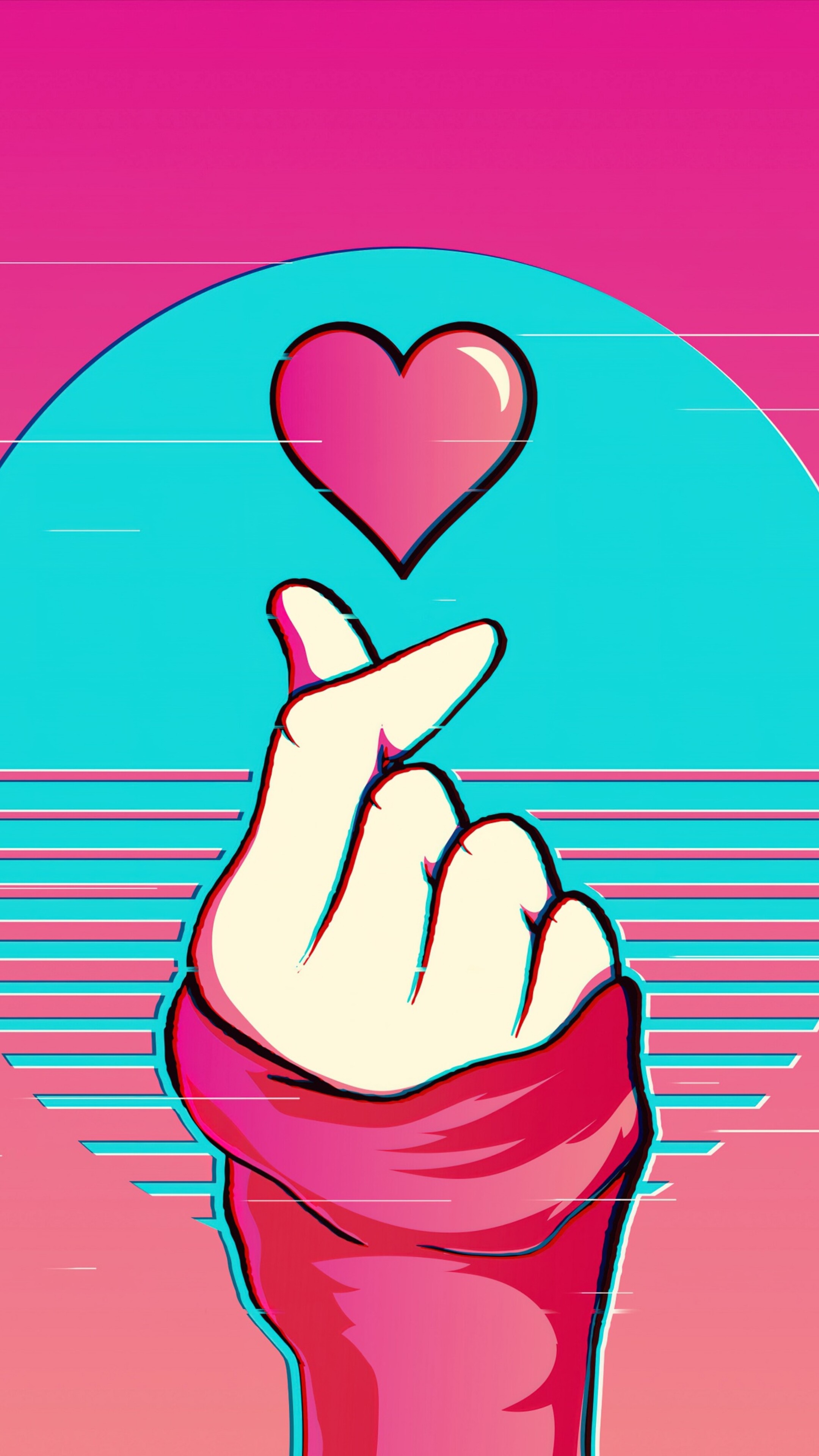 A hand performing a K-pop finger heart gesture amidst pink vaporwave glitch art and retro aesthetics.