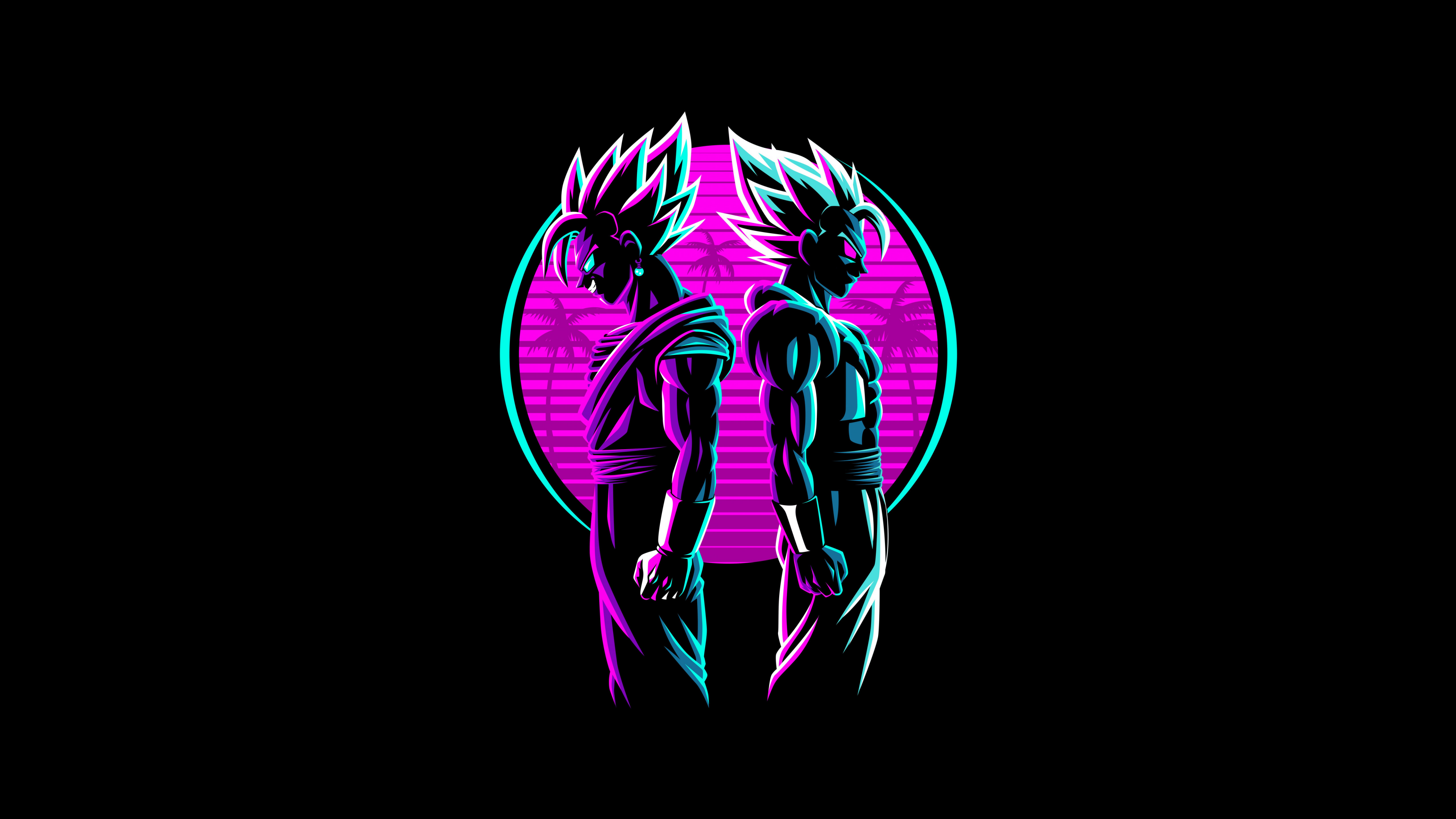 Neon glowing portrait of Vegito from Dragon Ball Z on a pitch black background