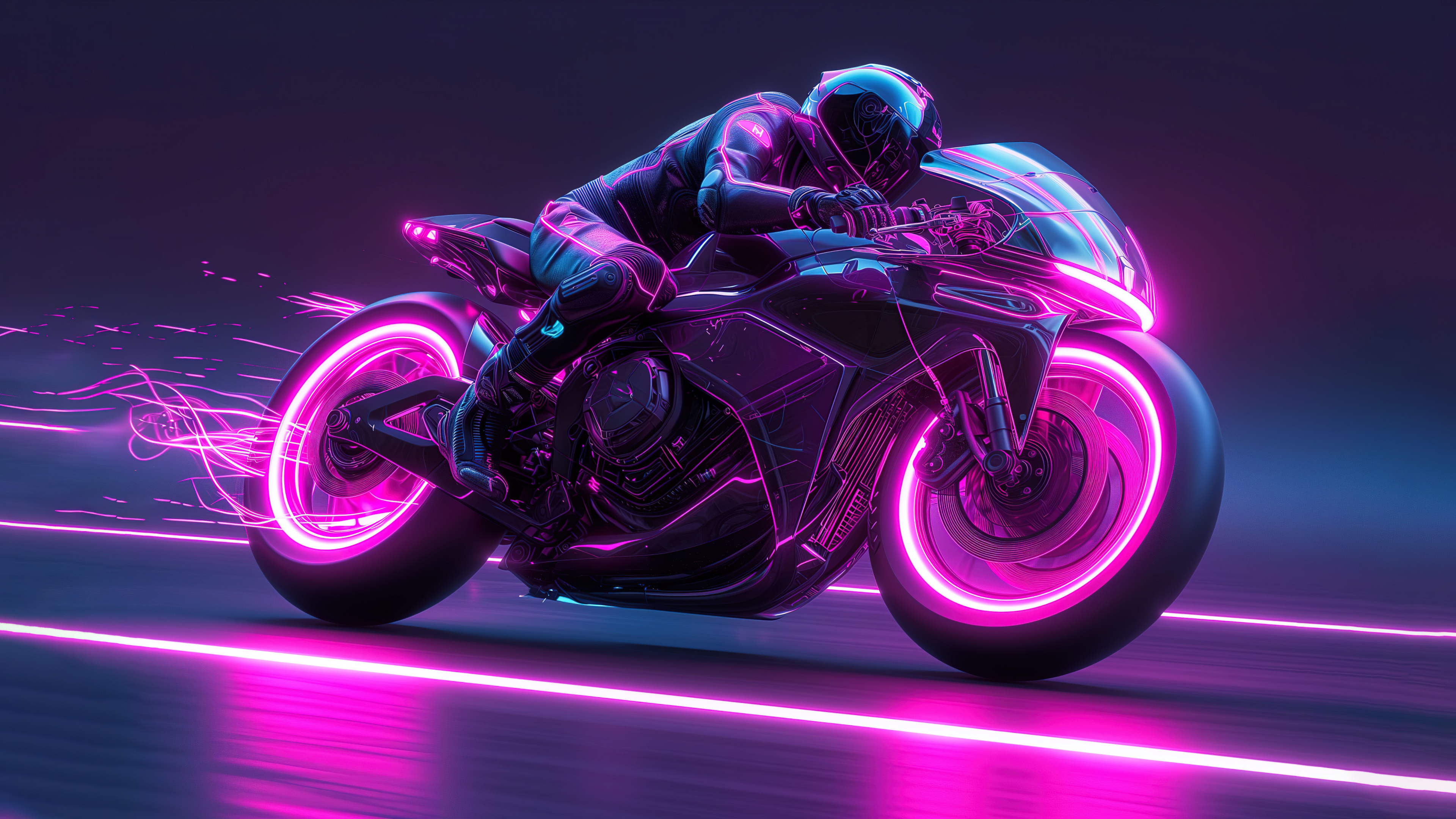 A futuristic biker on a racing motorcycle surrounded by bright neon light trails and a glowing neon background.
