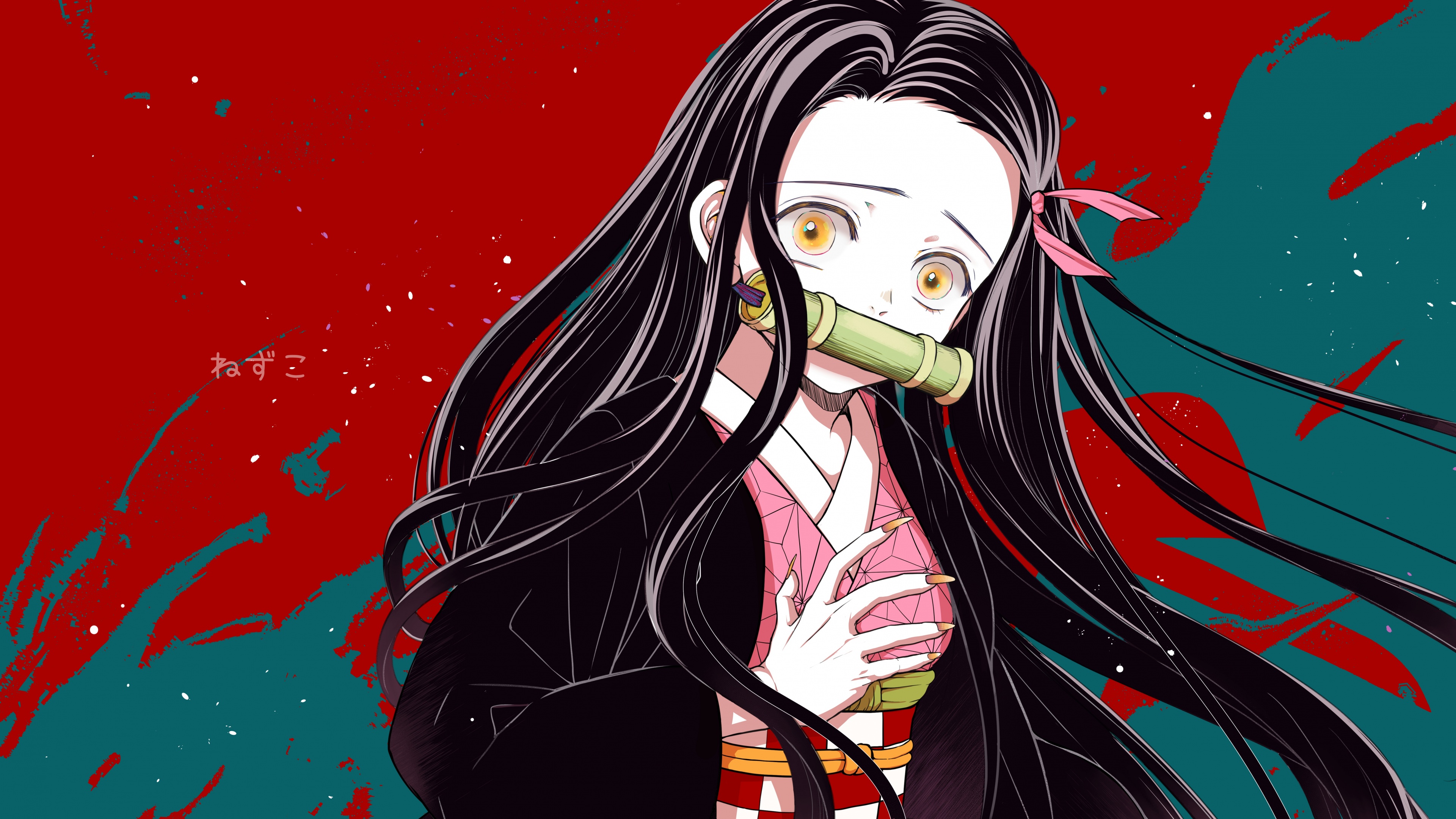 A highly detailed close-up portrait of Nezuko Kamado from Demon Slayer: Kimetsu no Yaiba featuring her bamboo muzzle.