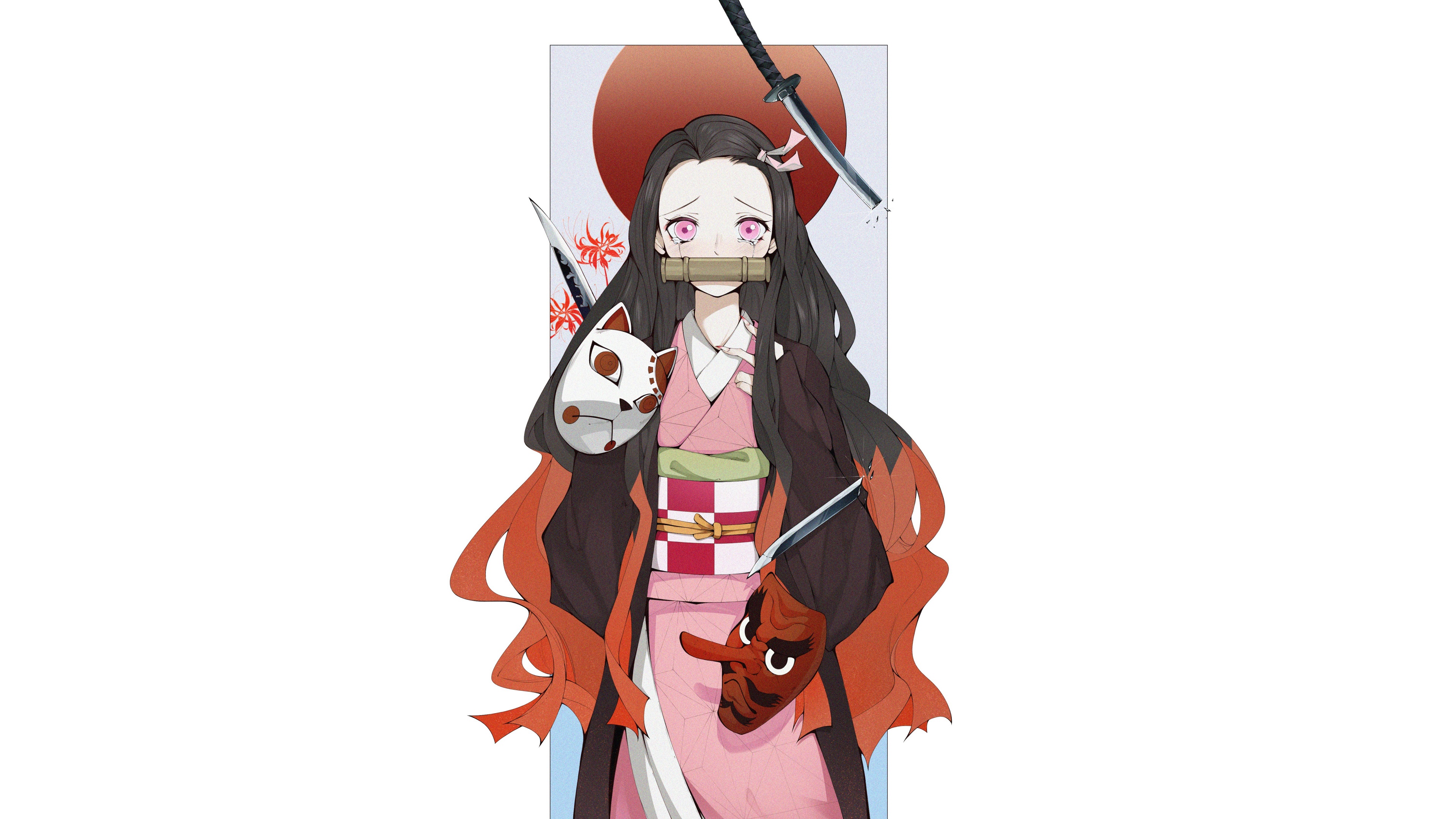 Nezuko Kamado wearing her traditional warding mask from Demon Slayer: Kimetsu no Yaiba against a white background.