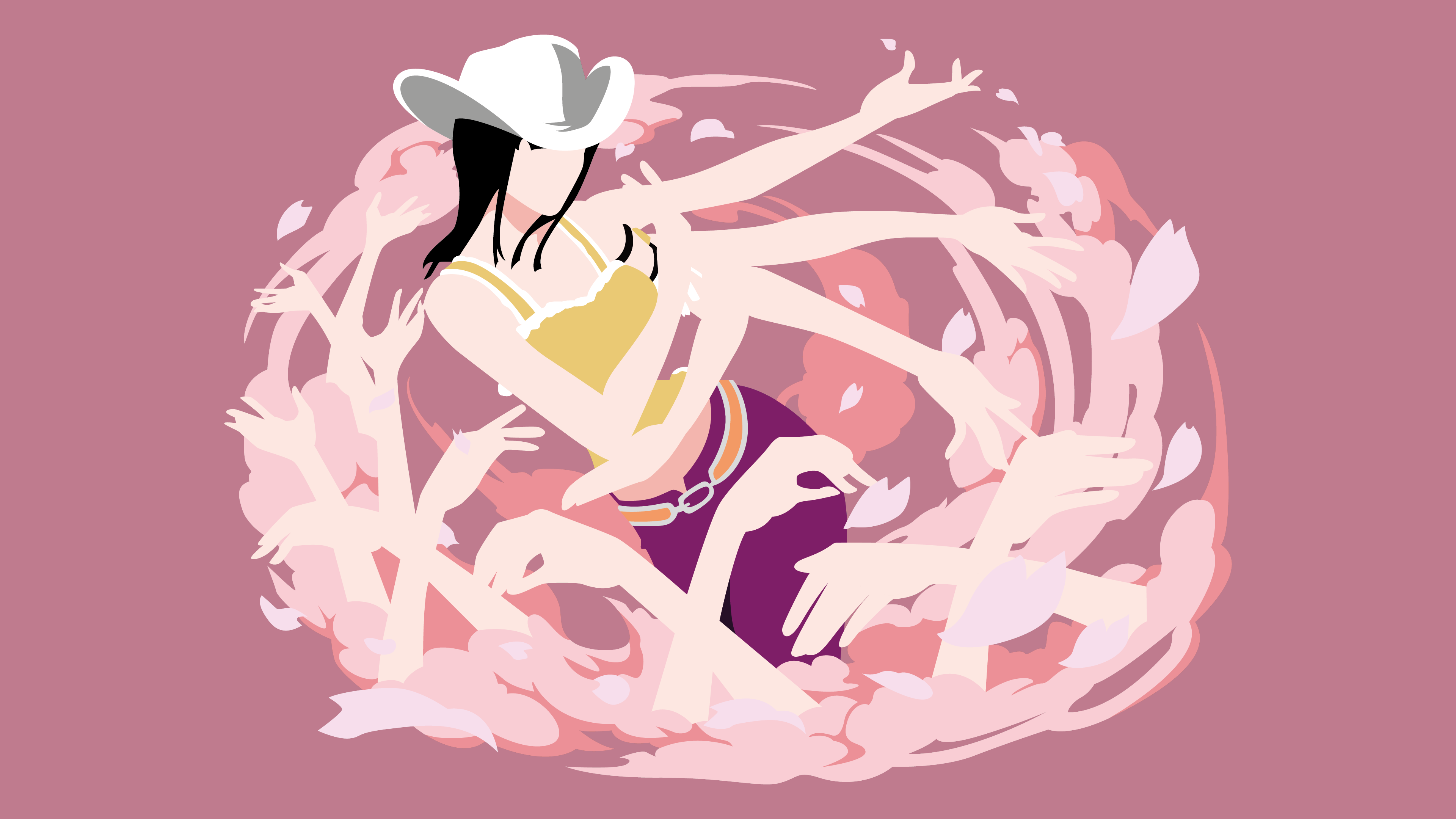 Minimalist pastel illustration of Nico Robin from One Piece on a soft pink background.