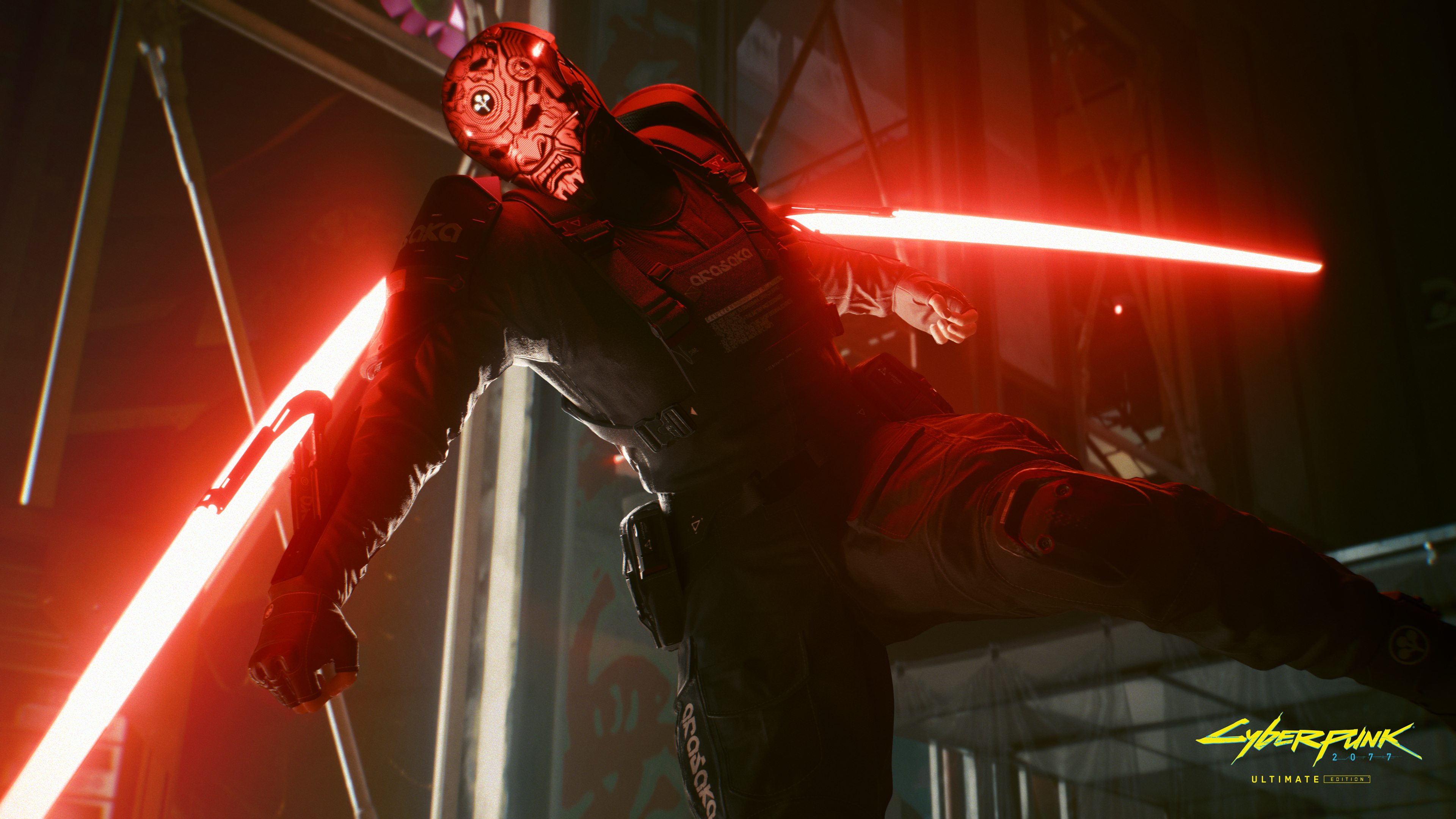 A massive, heavily armored cyborg with glowing mechanical eyes standing in a rain-drenched, neon-lit street in Night City.