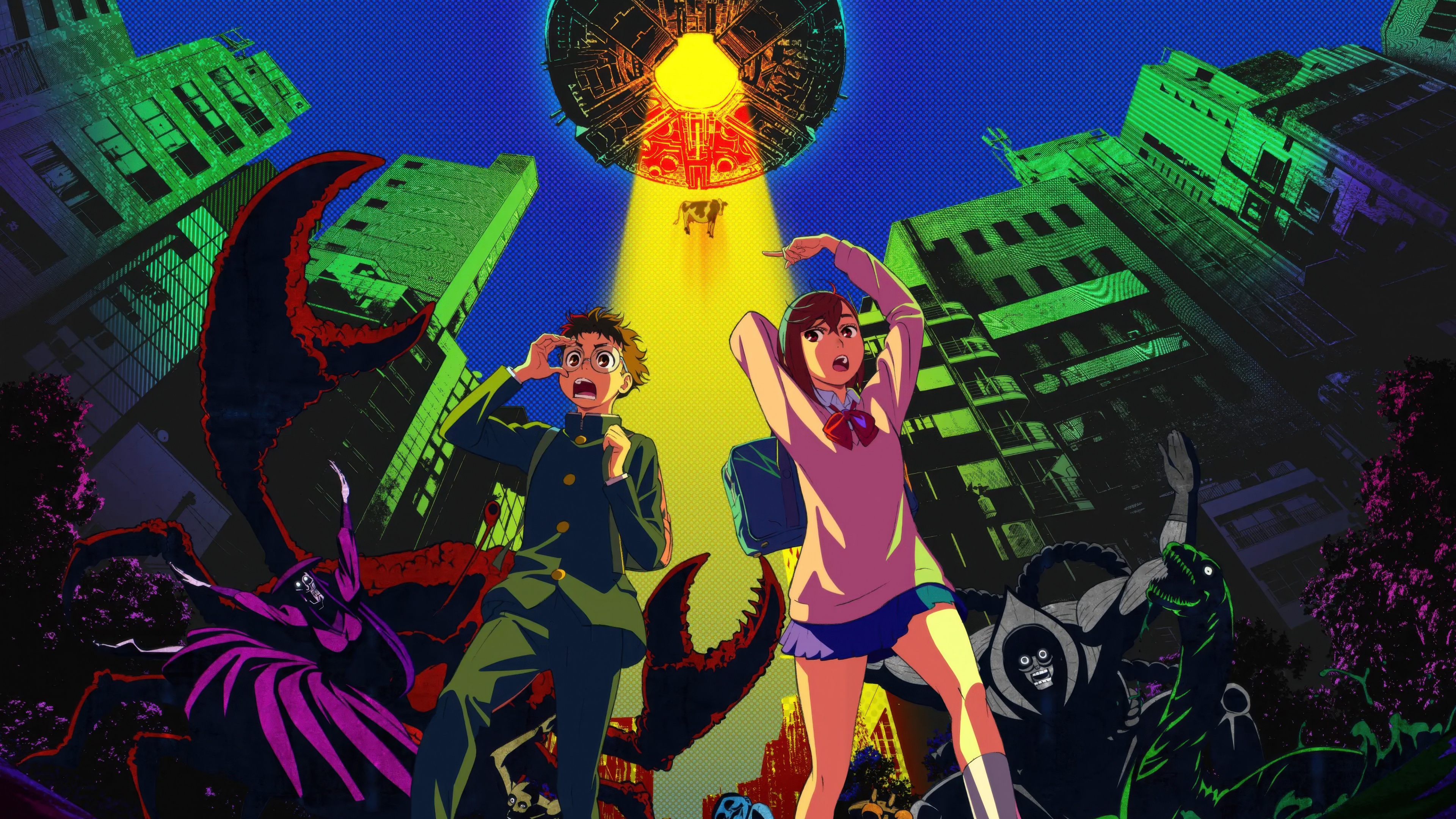 A romantic anime-style portrait of Okarun and Momo Ayase from the Dandadan series