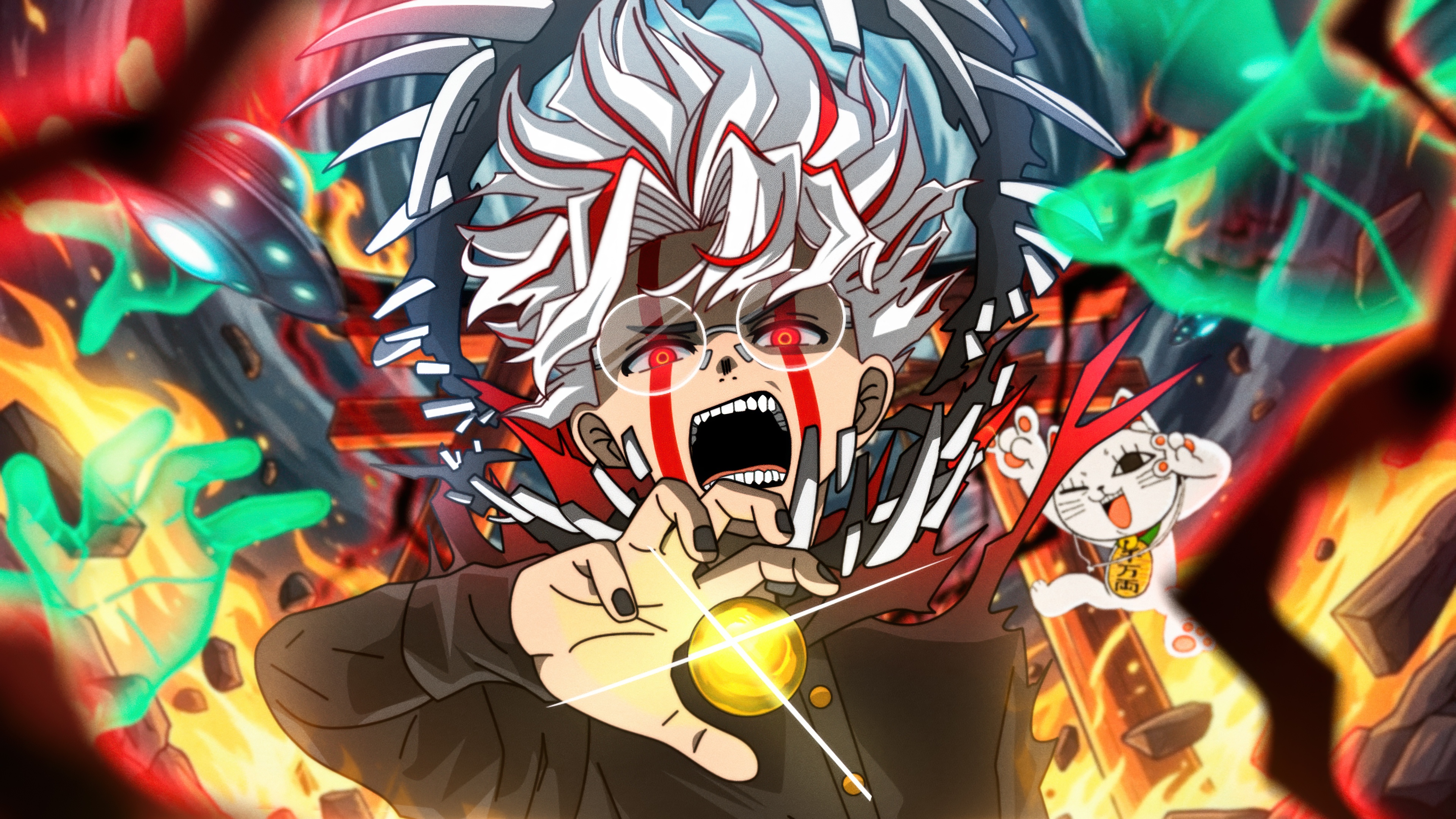 Ken Takakura (Okarun) from Dandadan undergoing a supernatural transformation.