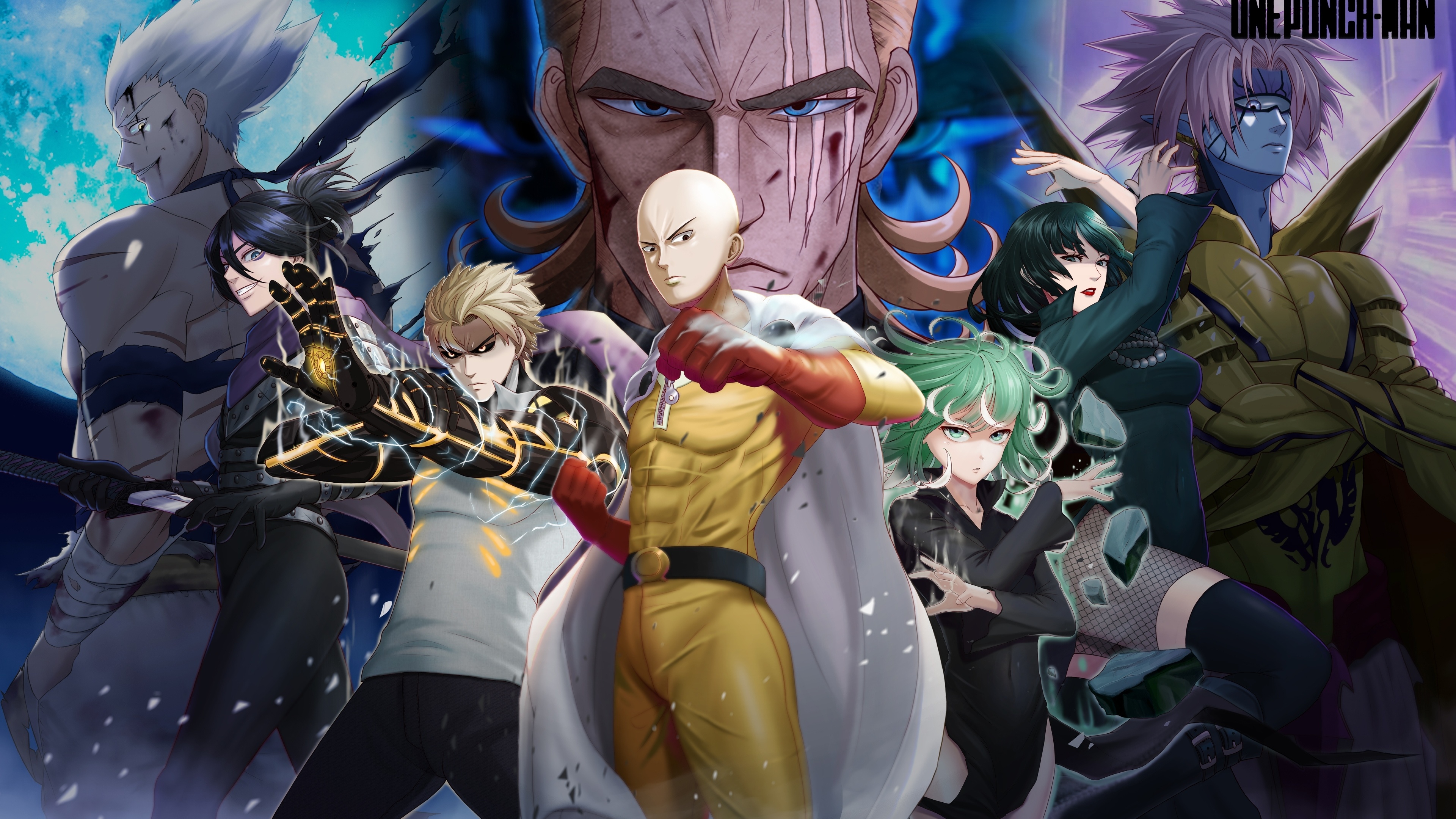 A group illustration featuring Saitama, King, and Sonic the Hedgehog from the One Punch Man anime and manga.