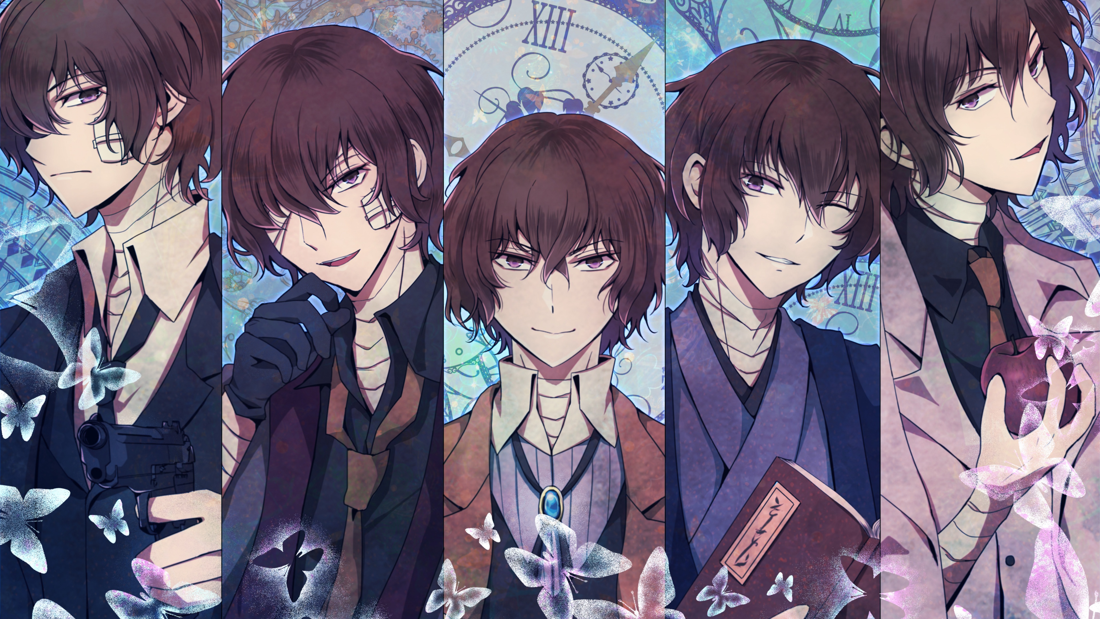A high-resolution, detailed character portrait of Osamu Dazai from the anime Bungo Stray Dogs