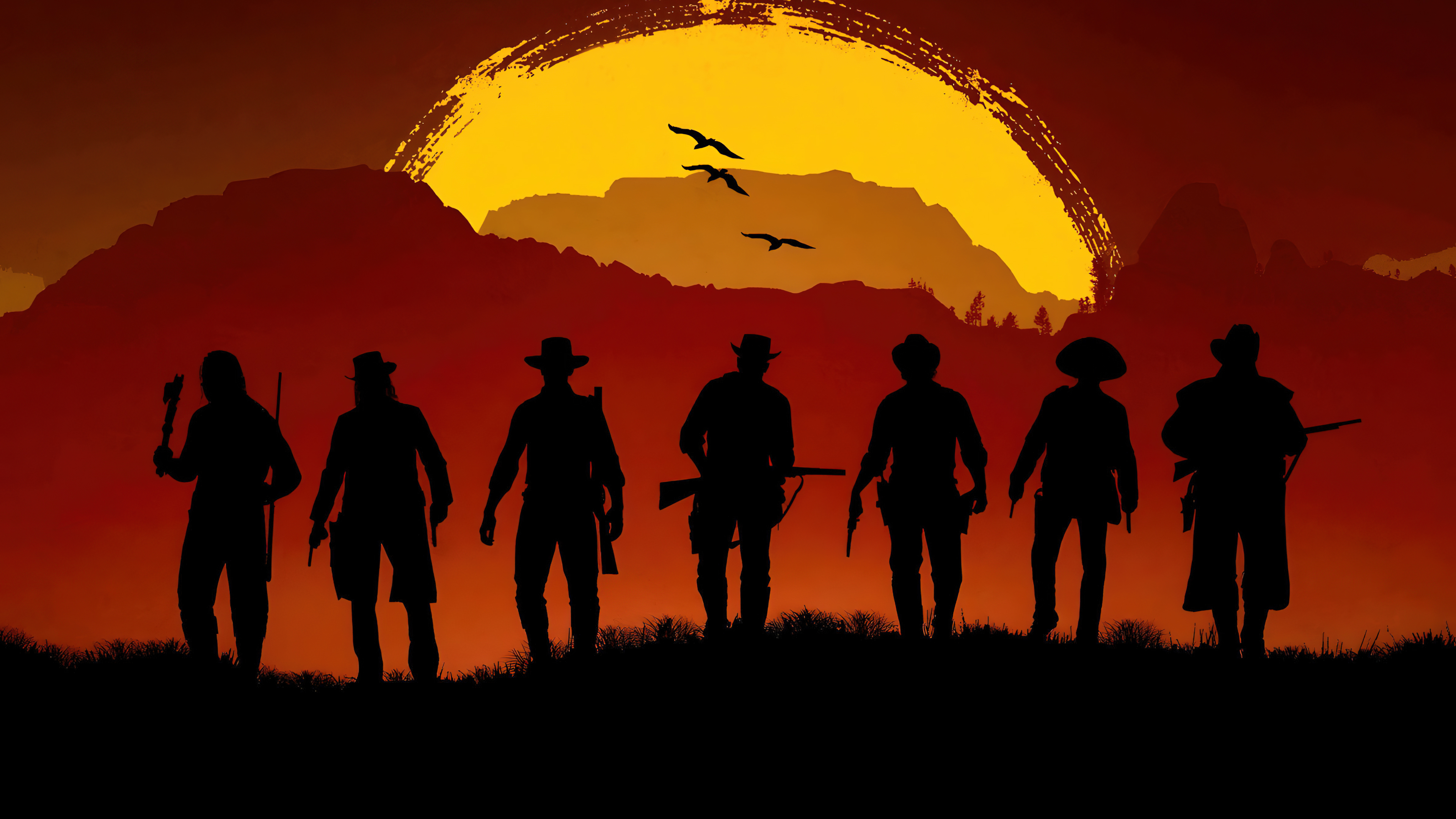 Silhouette of cowboys from the Van der Linde gang standing against a vibrant orange sunset in a western landscape.