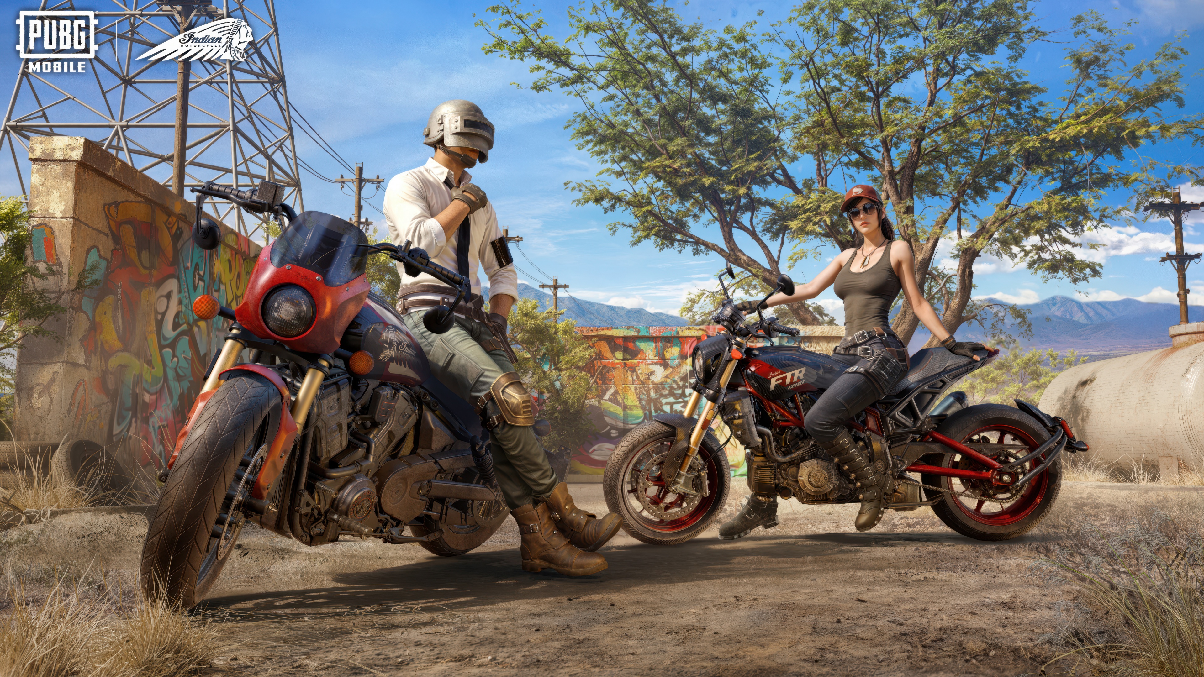 A high-detail 5K cinematic shot of a PUBG MOBILE character riding an Indian Motorcycle through a rugged battlefield.