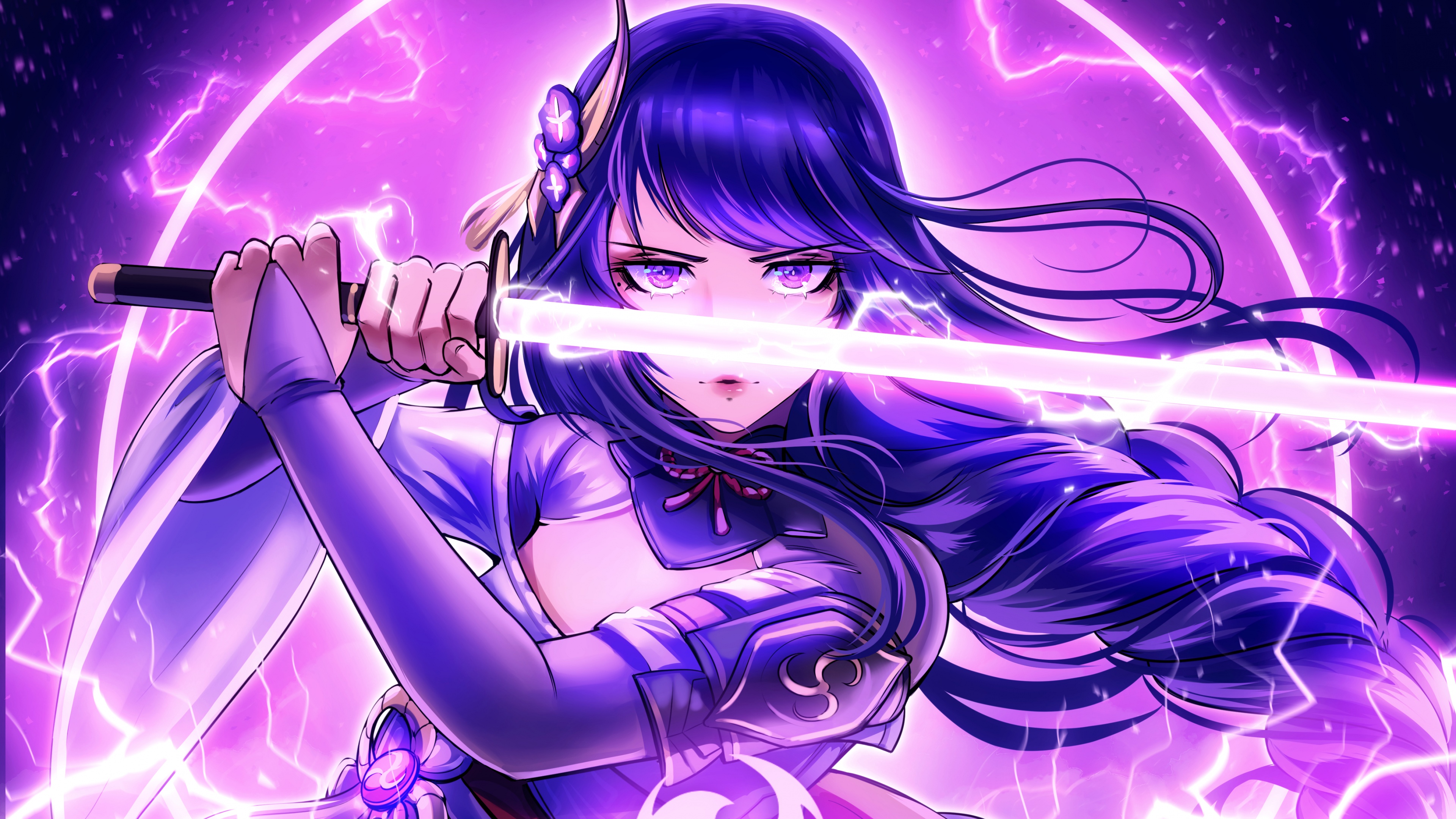 Raiden Shogun from Genshin Impact featured in a vibrant purple aesthetic with lightning effects