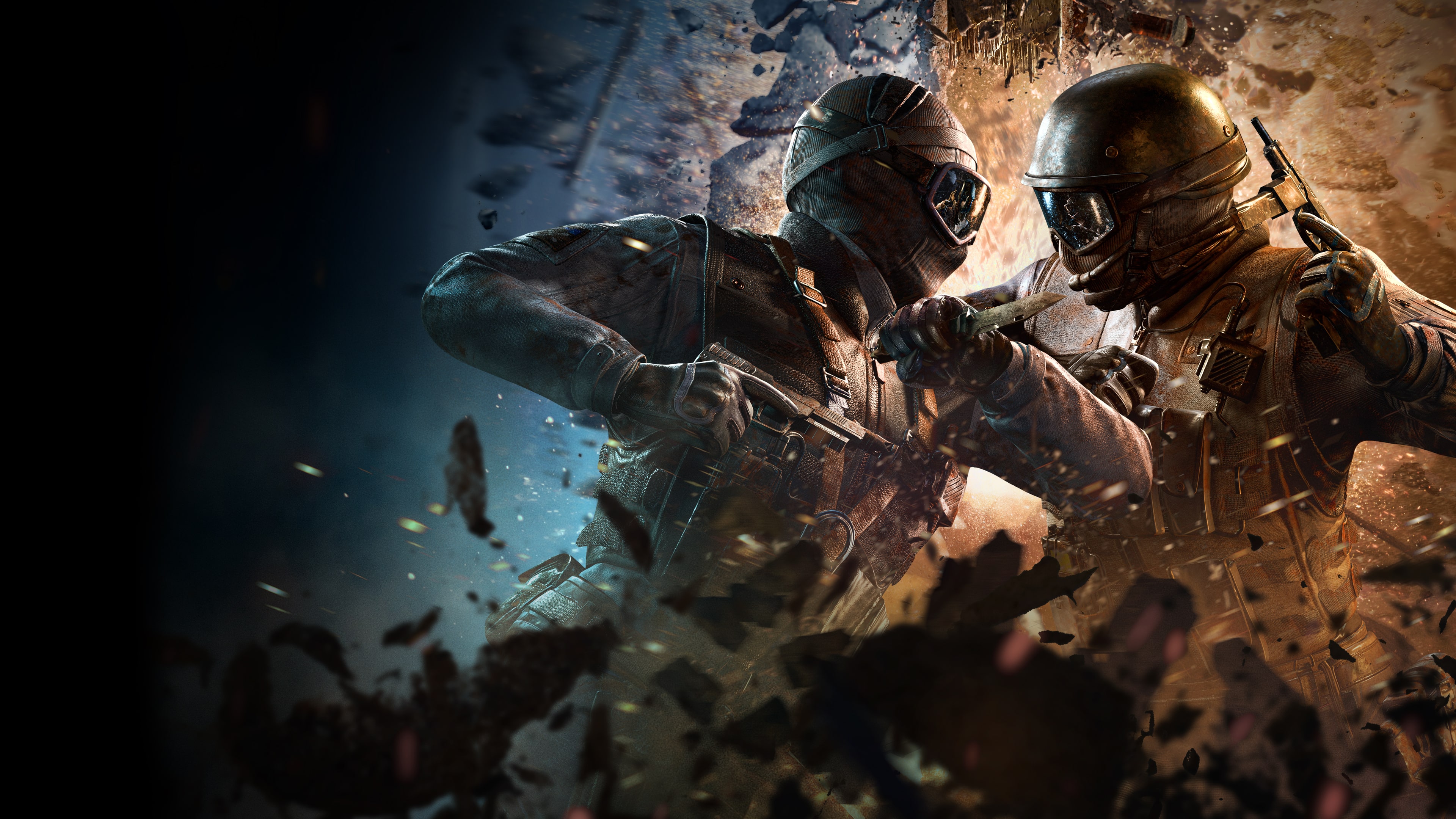 A close-up, intense shot of a Rainbow Six Siege operator equipped with a tactical helmet, headset, and heavy combat gear, ready for mission deployment.