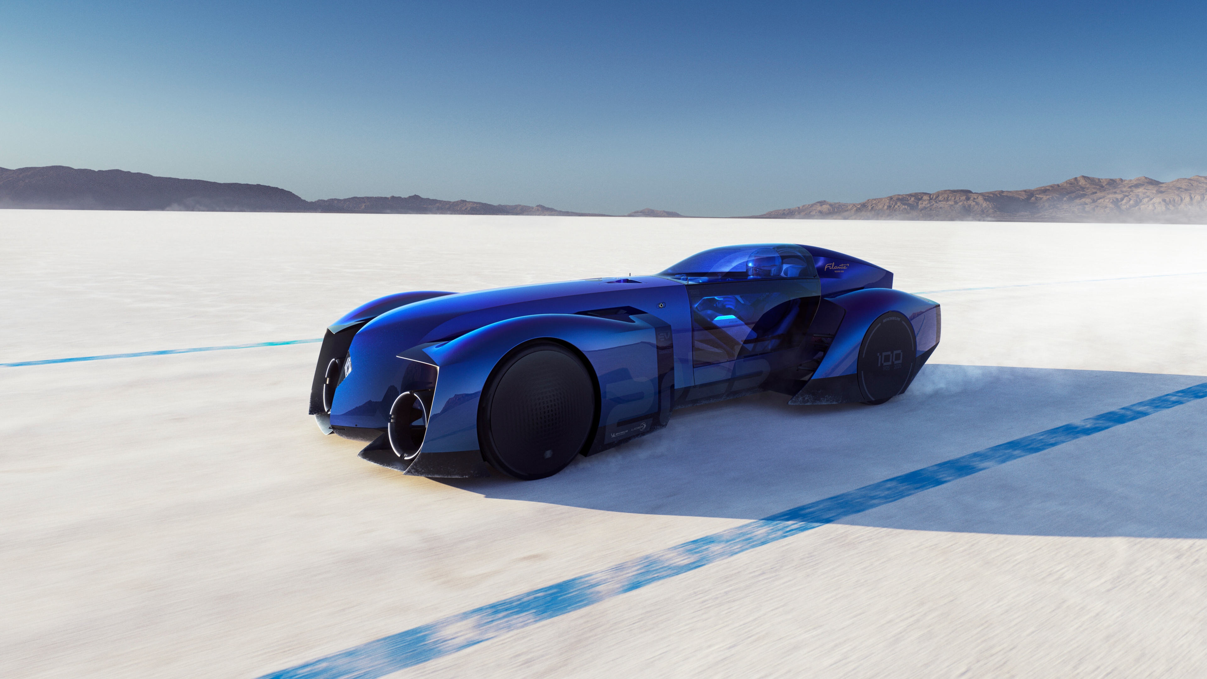 A futuristic Renault Filante Record 2025 concept car featuring sleek aerodynamic bodywork and modern lighting.