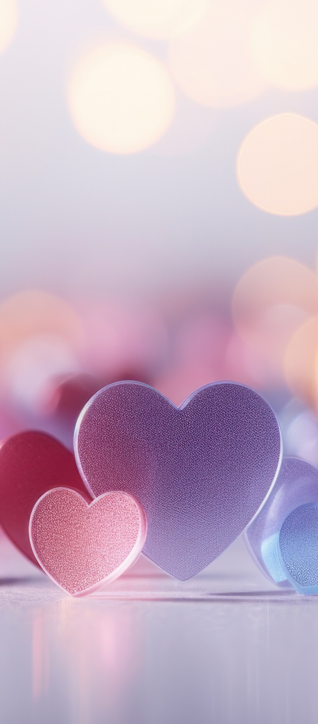 A collection of shiny, glossy love hearts floating in a soft, glowing bokeh background.