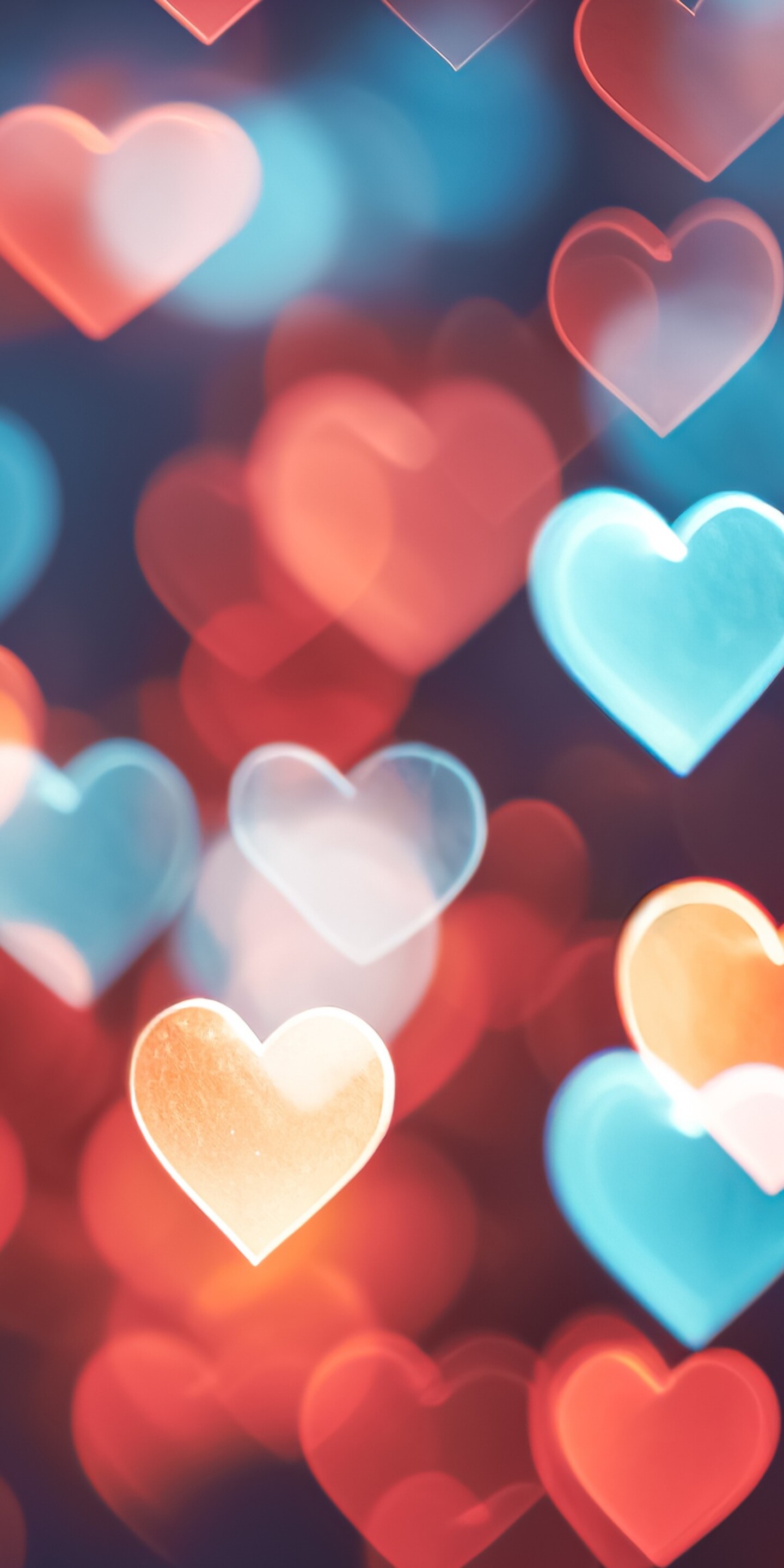 A romantic background featuring soft bokeh lights and floating red and pink hearts.