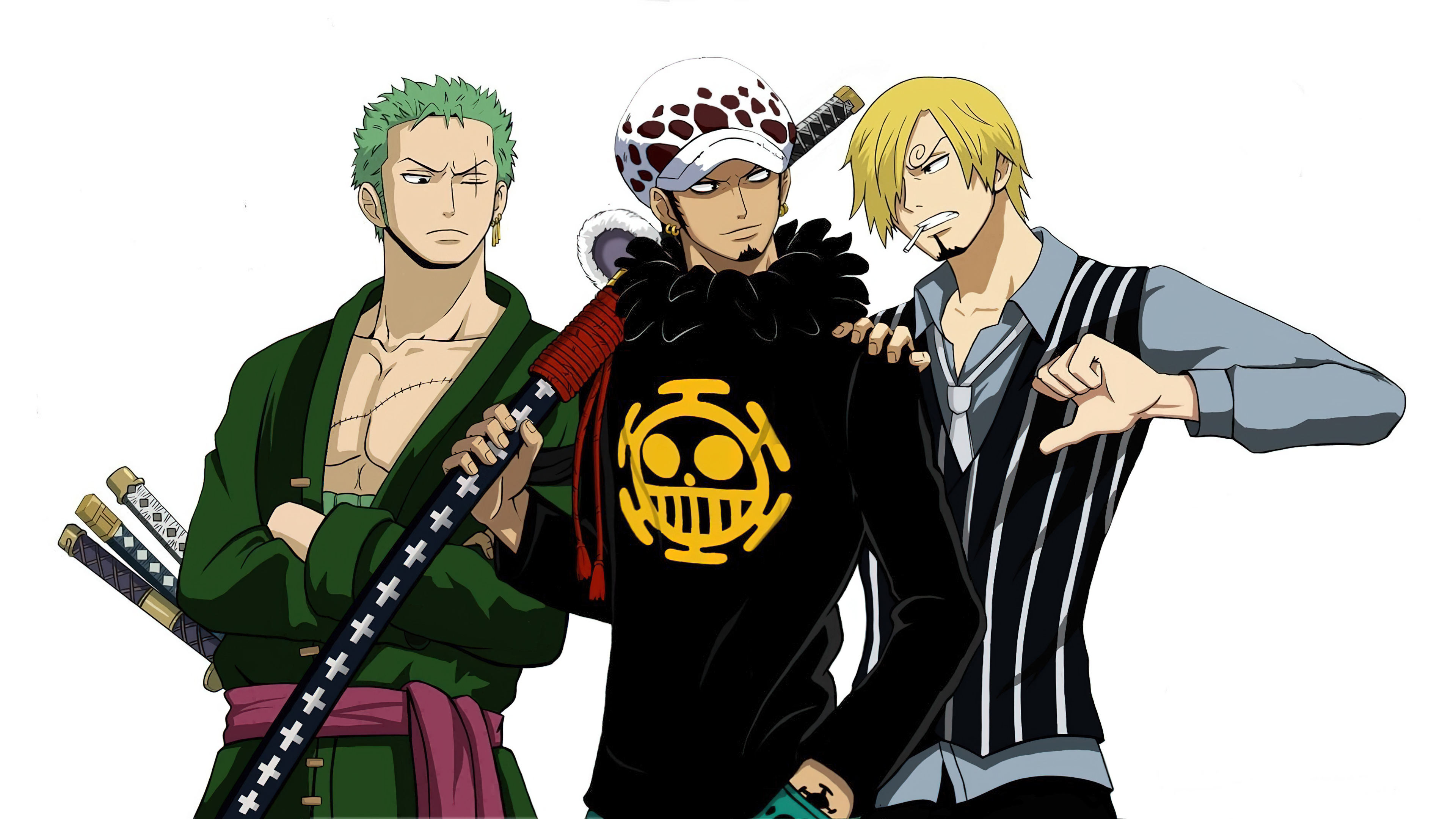 A dramatic group shot featuring Roronoa Zoro, Trafalgar Law, and Sanji from the anime One Piece.
