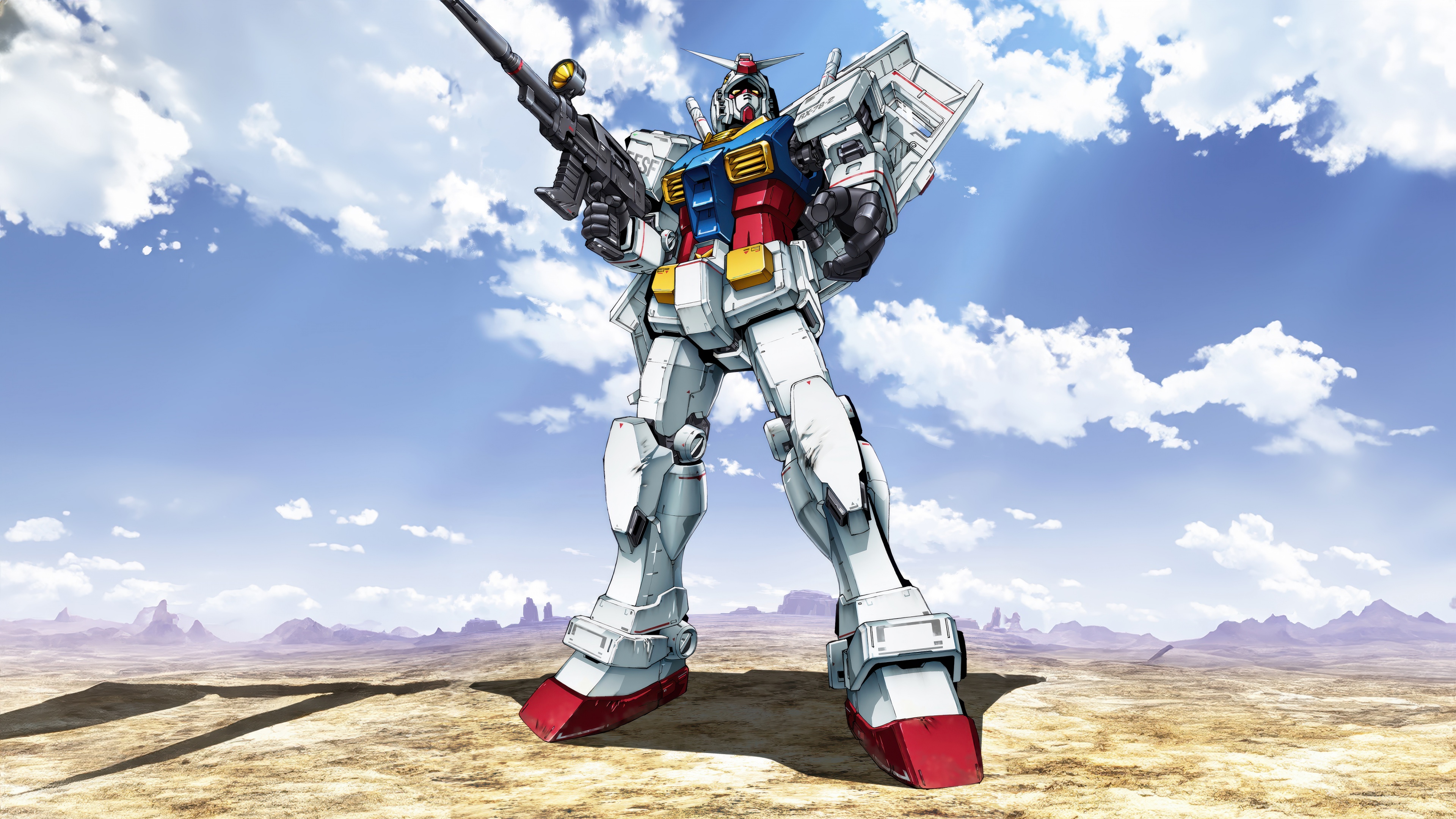 A detailed view of the RX-78-2 Gundam robot from the Mobile Suit Gundam anime series.