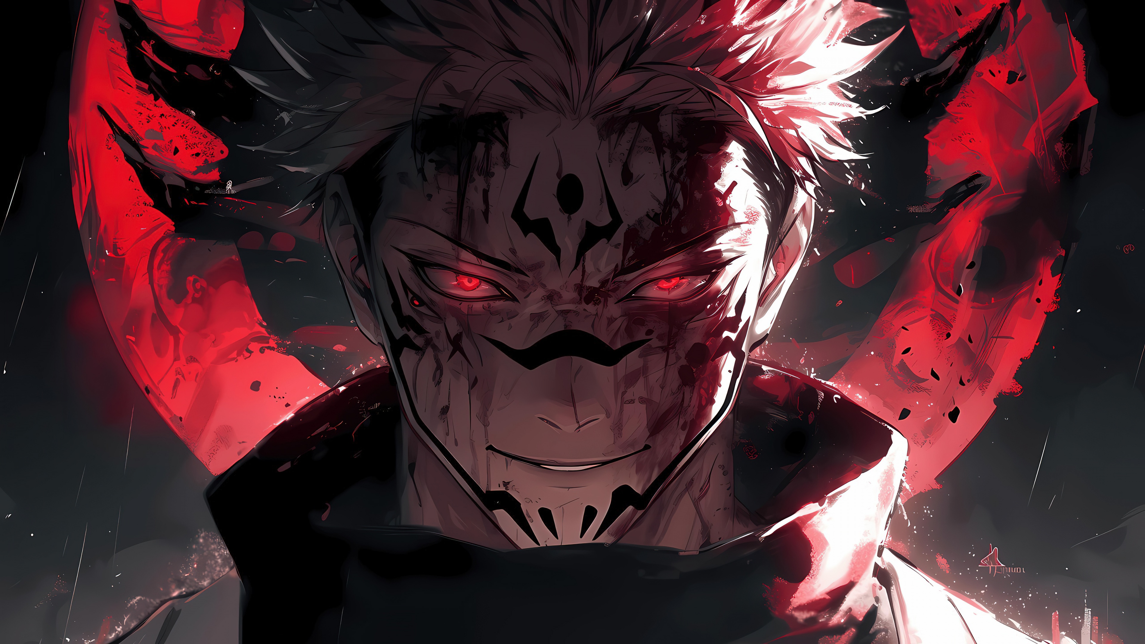 Ryomen Sukuna from Jujutsu Kaisen featuring his signature facial tattoos and a dark, commanding expression.