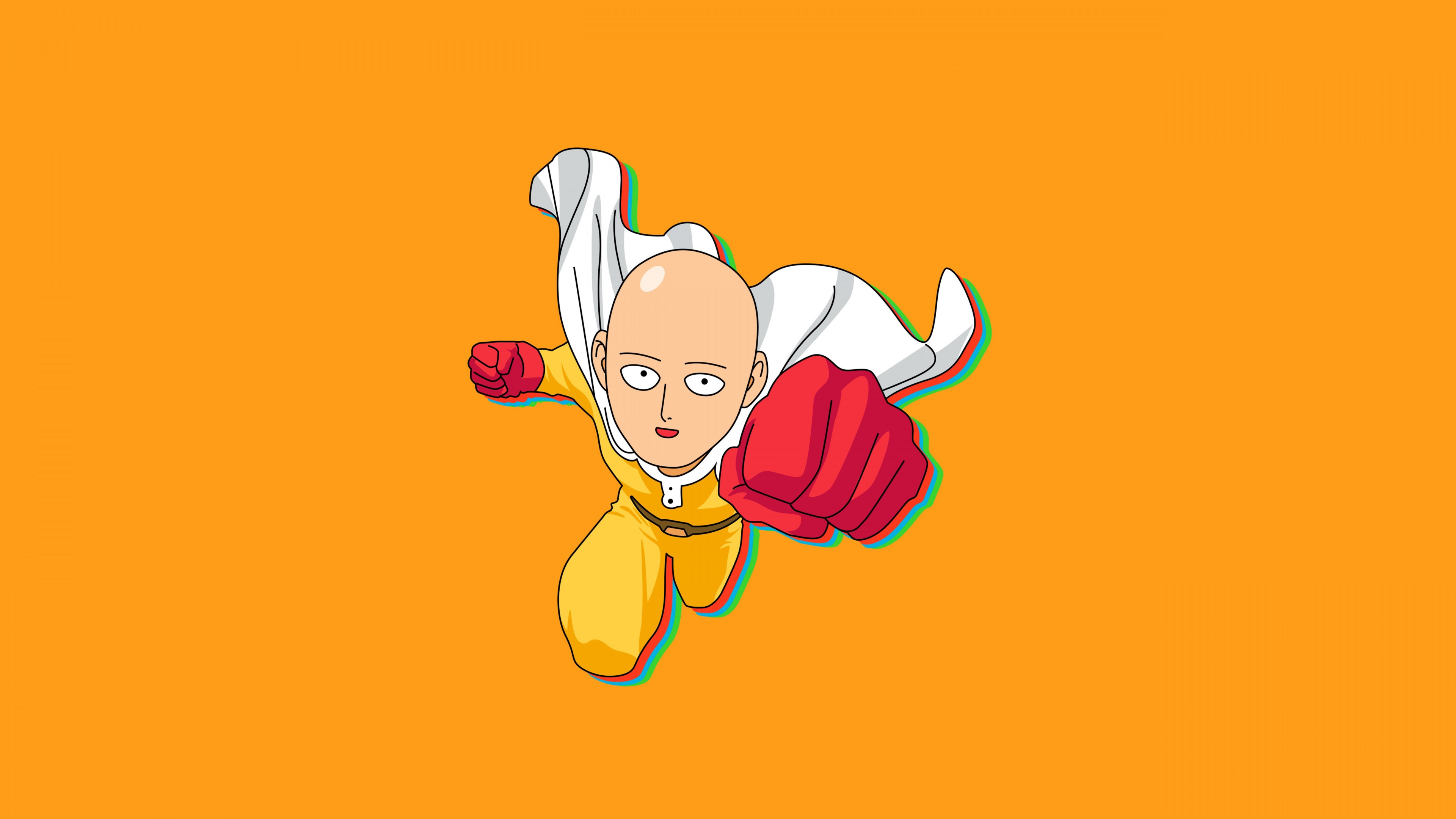 A simple, high-quality cartoon illustration of Saitama from One Punch Man with a bright yellow background.