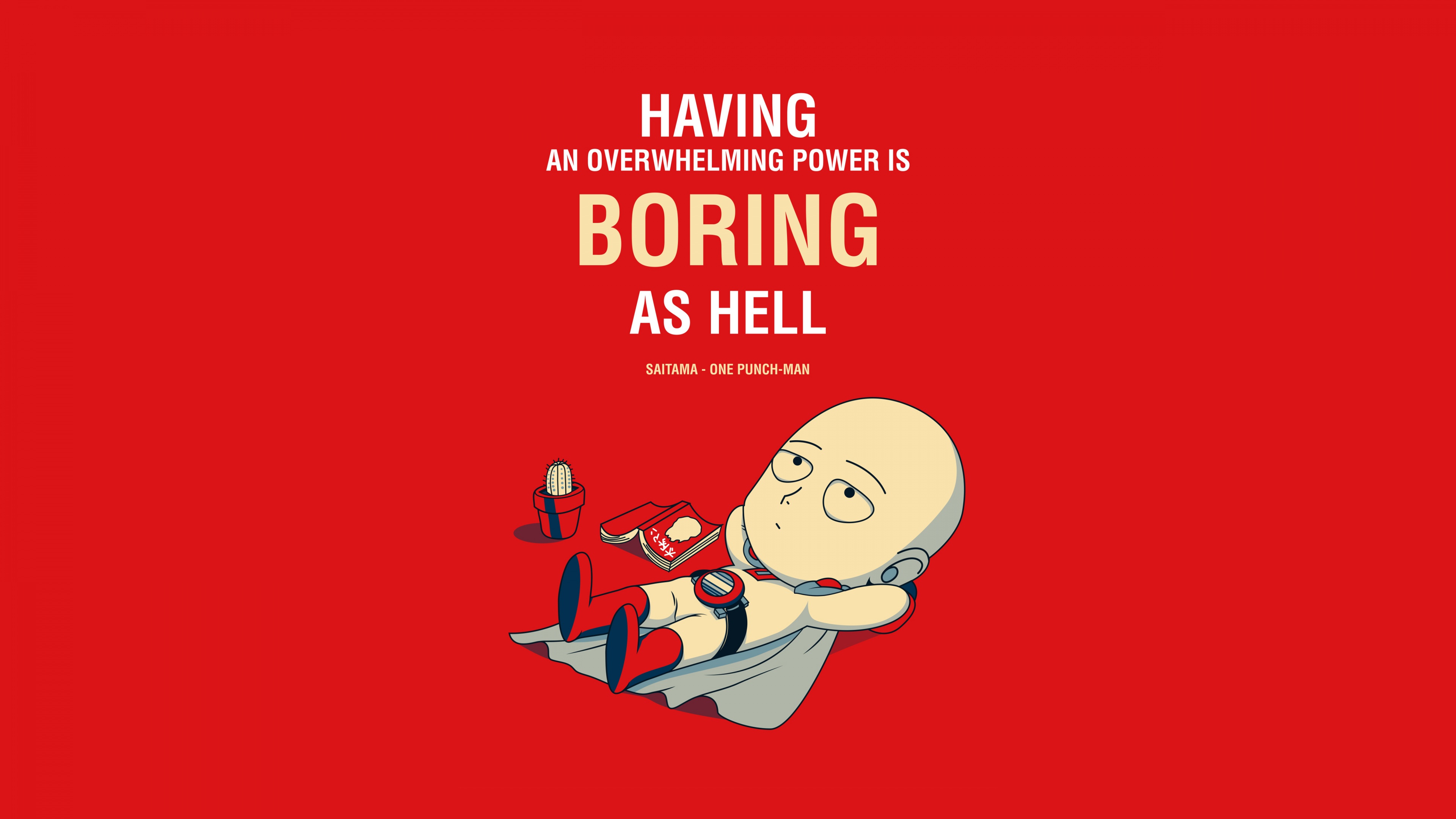 Saitama from One Punch Man posing against a solid red background.