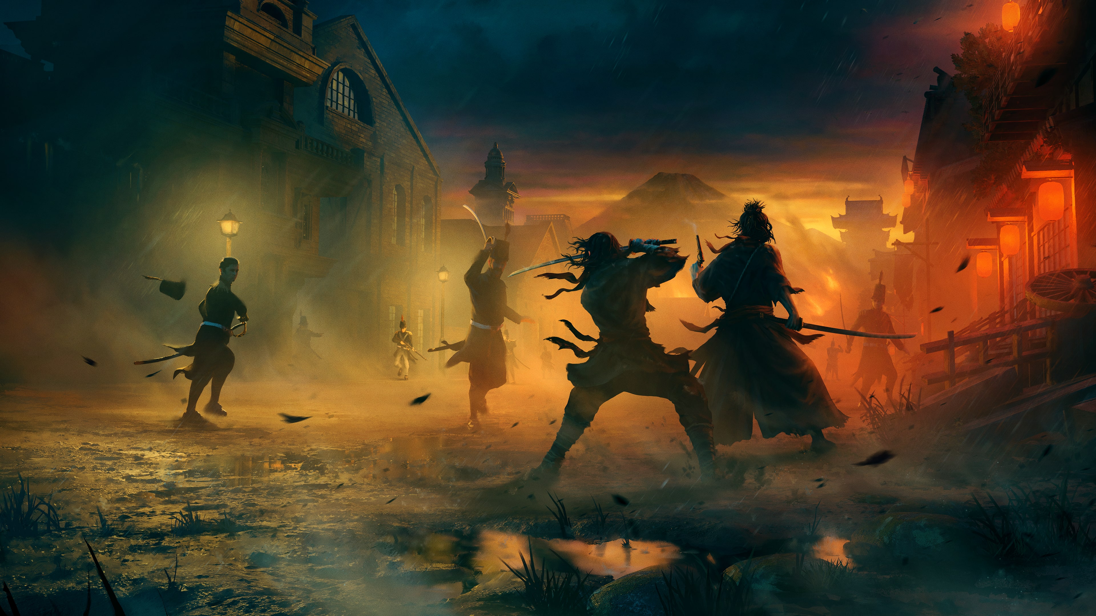 A cinematic game art depiction of a samurai warrior from Rise of the Ronin holding a katana in feudal Japan.