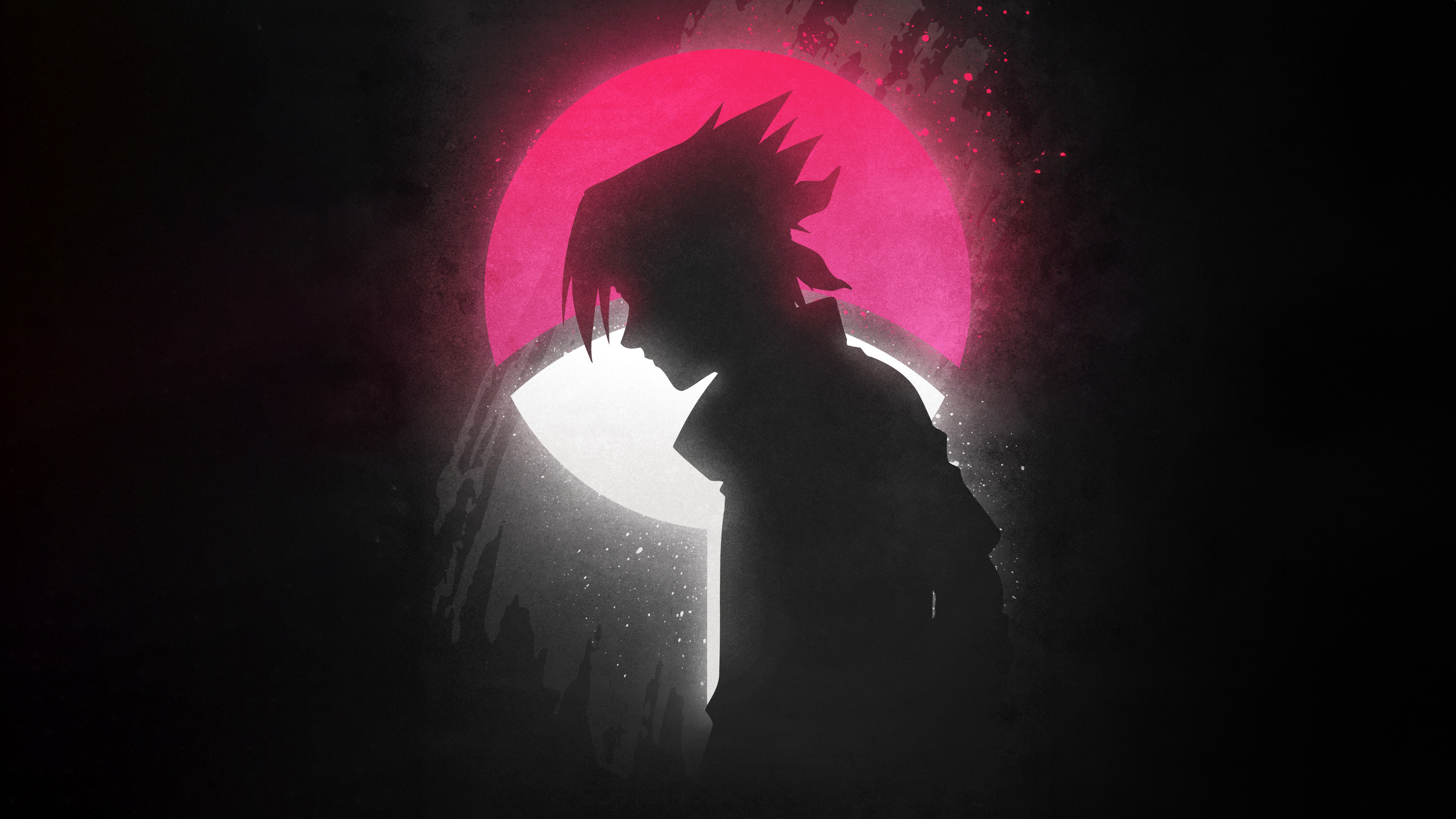 A dark aesthetic silhouette of Sasuke Uchiha from Naruto with a glowing outline on a black background.