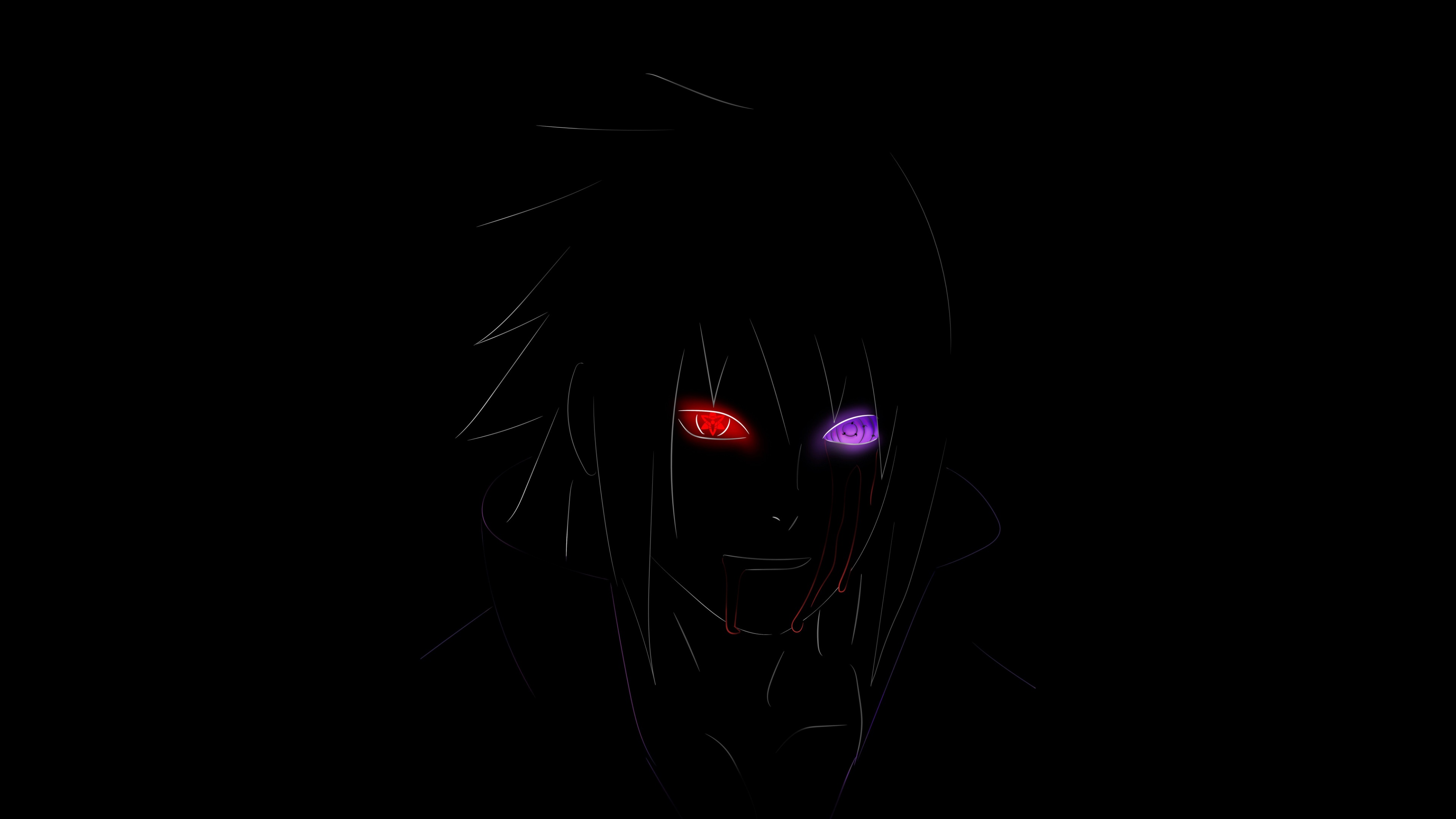 Minimalist art of Sasuke Uchiha from Naruto with glowing eyes on a black background.