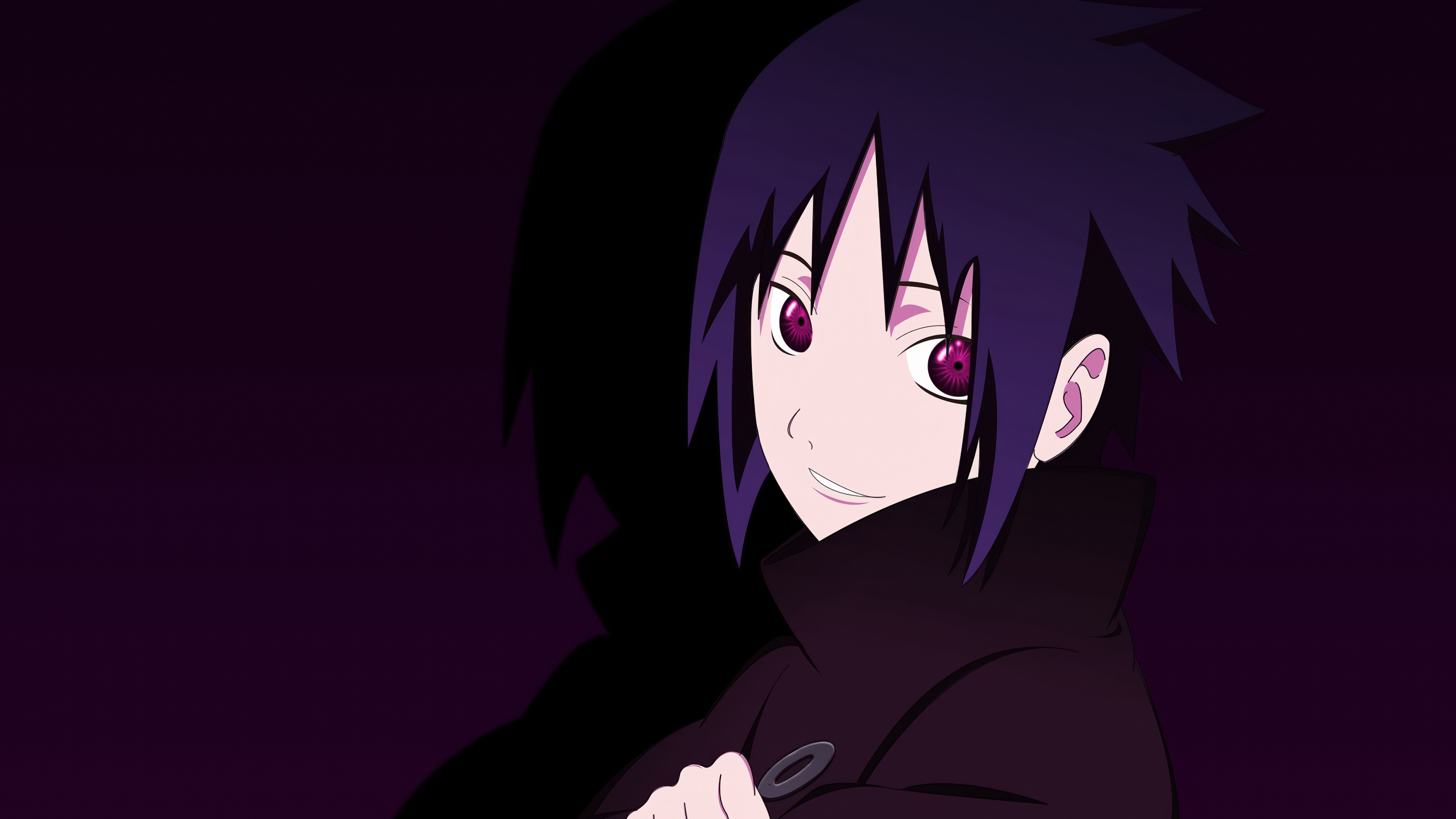 A detailed portrait of Sasuke Uchiha from Naruto smiling with a dark purple background.