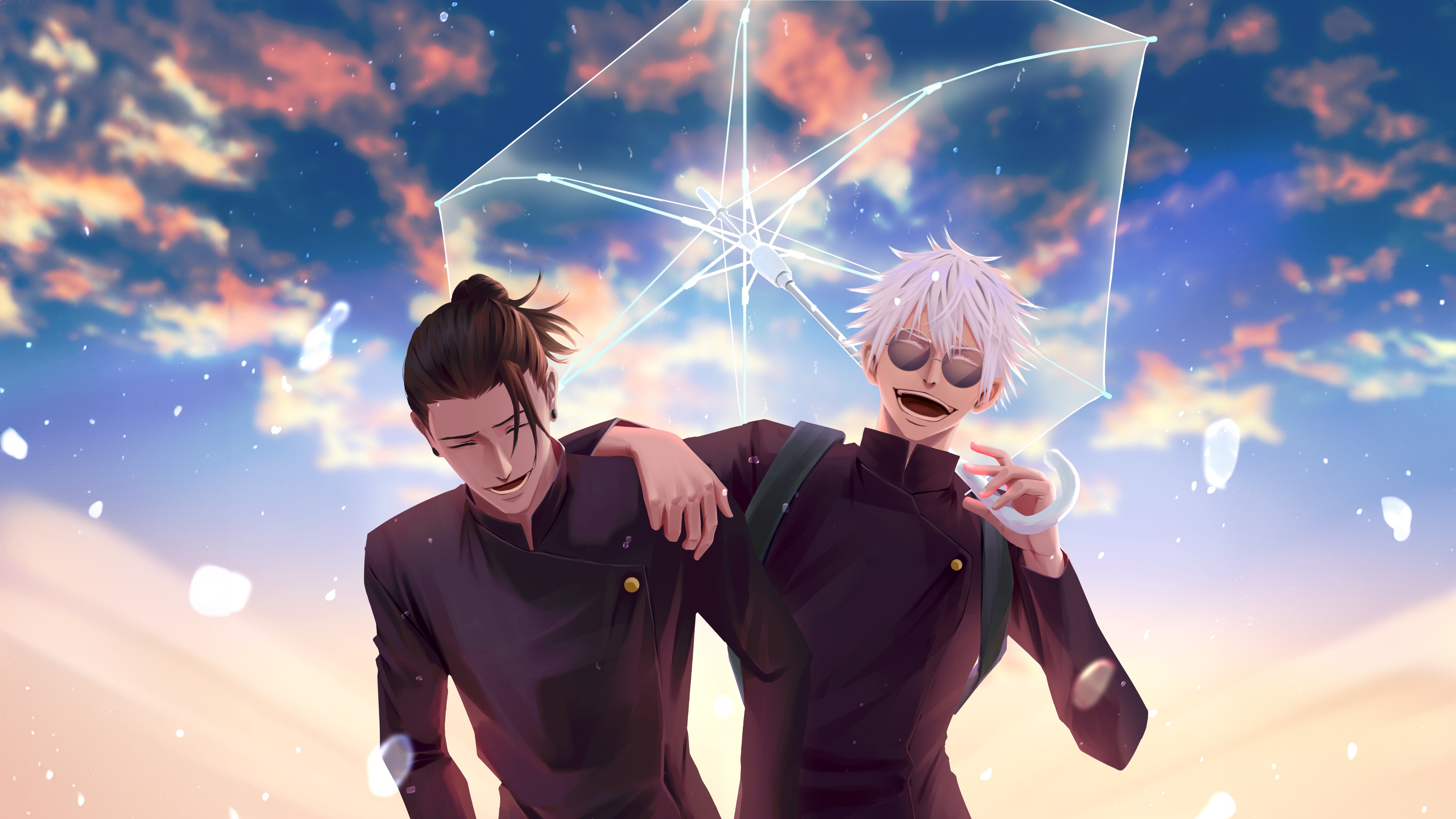 A high-resolution portrait of Satoru Gojo and Suguru Geto from the anime Jujutsu Kaisen