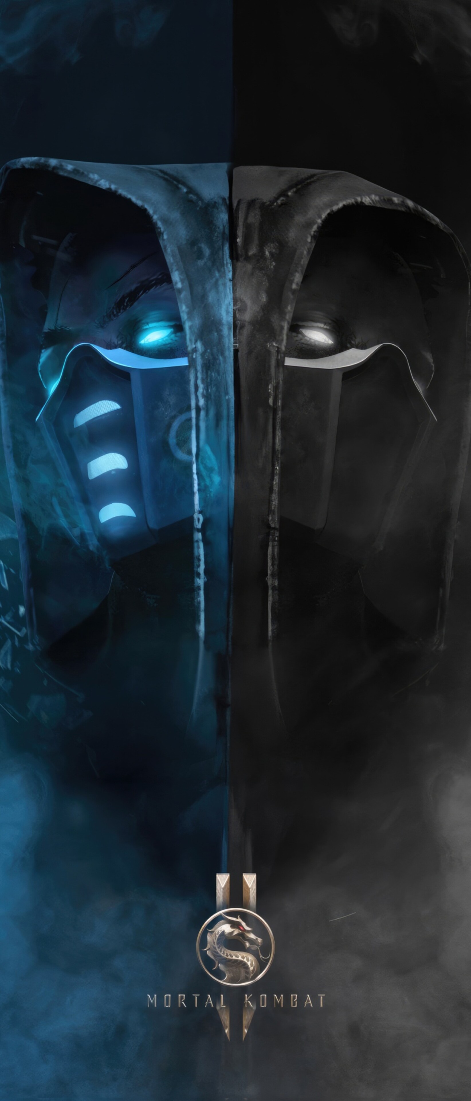 A dramatic cinematic battle scene between Scorpion and Sub-Zero from the Mortal Kombat series, showcasing fire and ice effects.