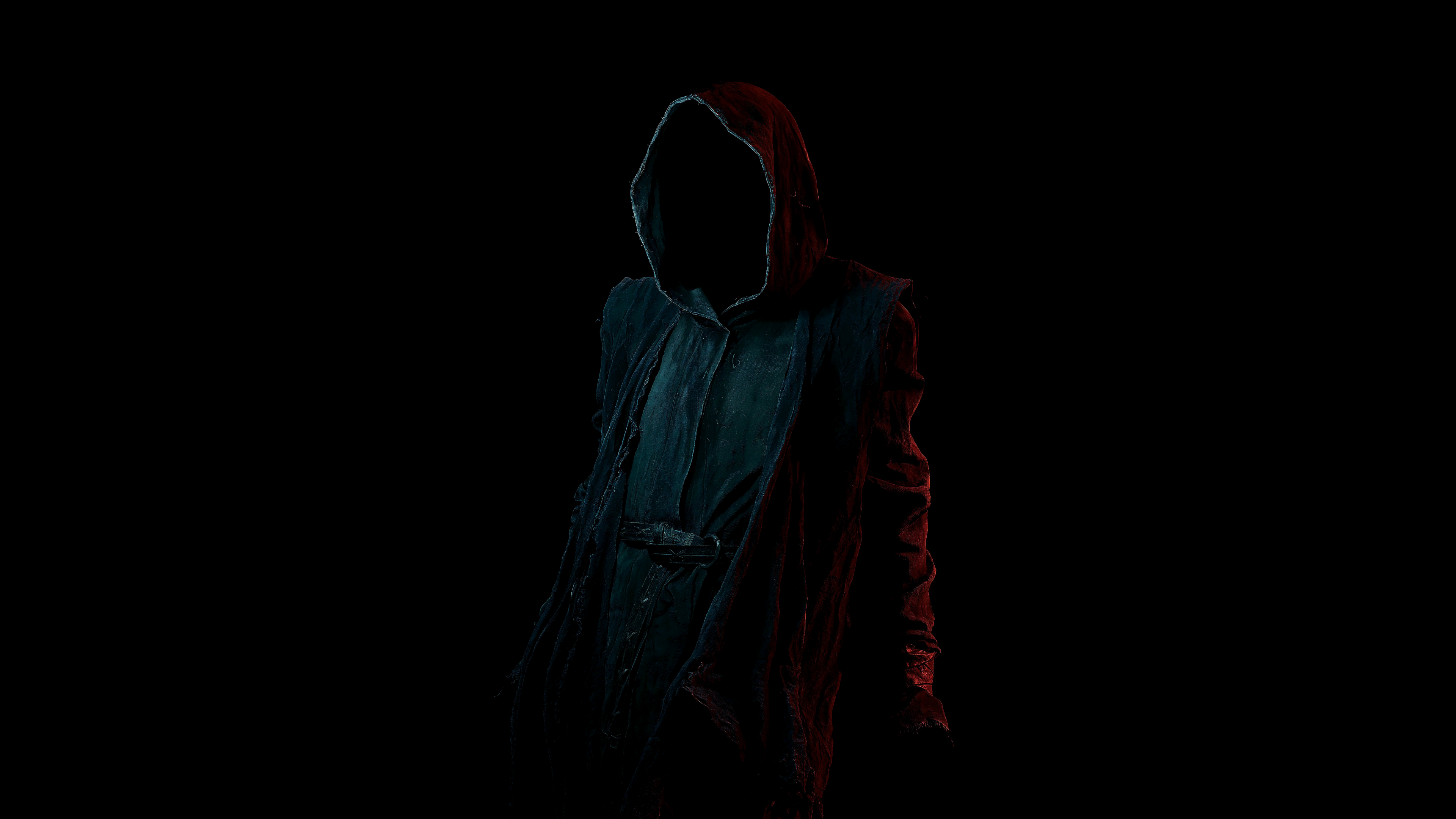 A high-contrast, cinematic portrait of Senua from Senua's Saga: Hellblade II emerging from shadows against a black background.