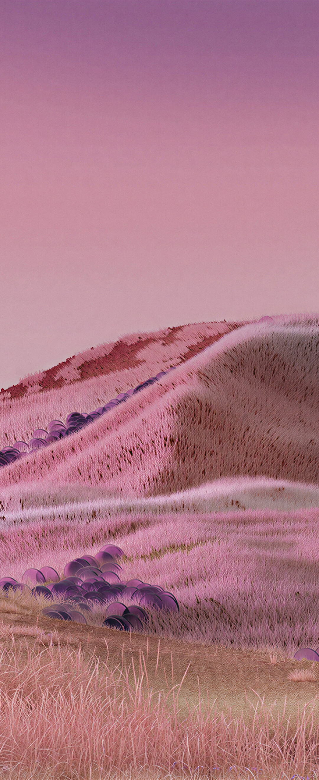 A dreamy, surreal landscape of rolling pink hills under a soft gradient sky.