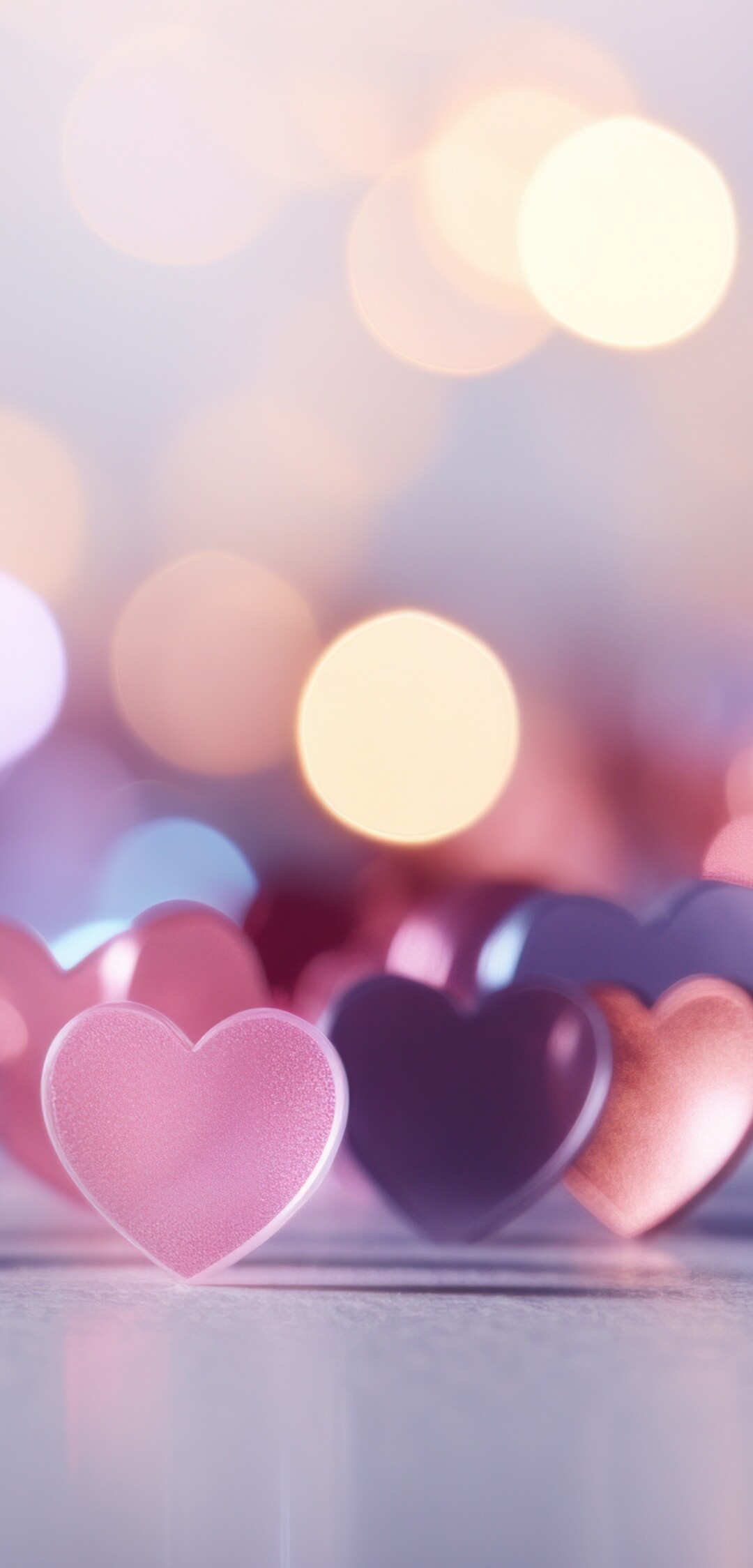 Glossy red and pink hearts floating in front of a soft, colorful bokeh light background.