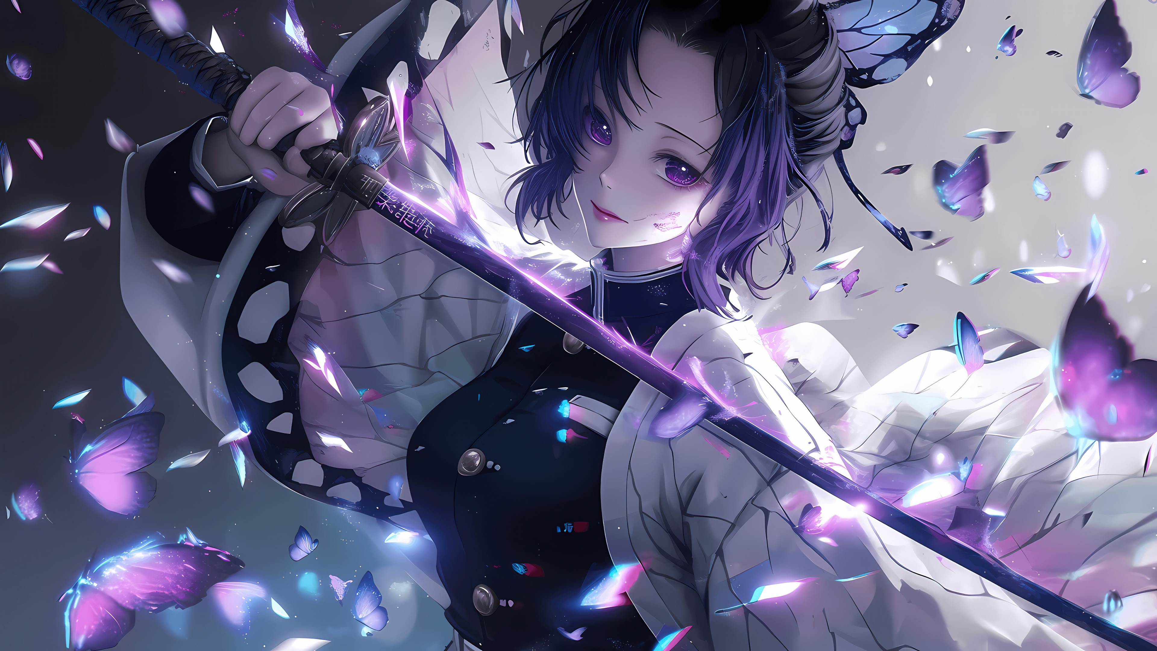 A high-resolution portrait of Shinobu Kocho from Demon Slayer: Kimetsu no Yaiba featuring vibrant purple tones and butterfly patterns.