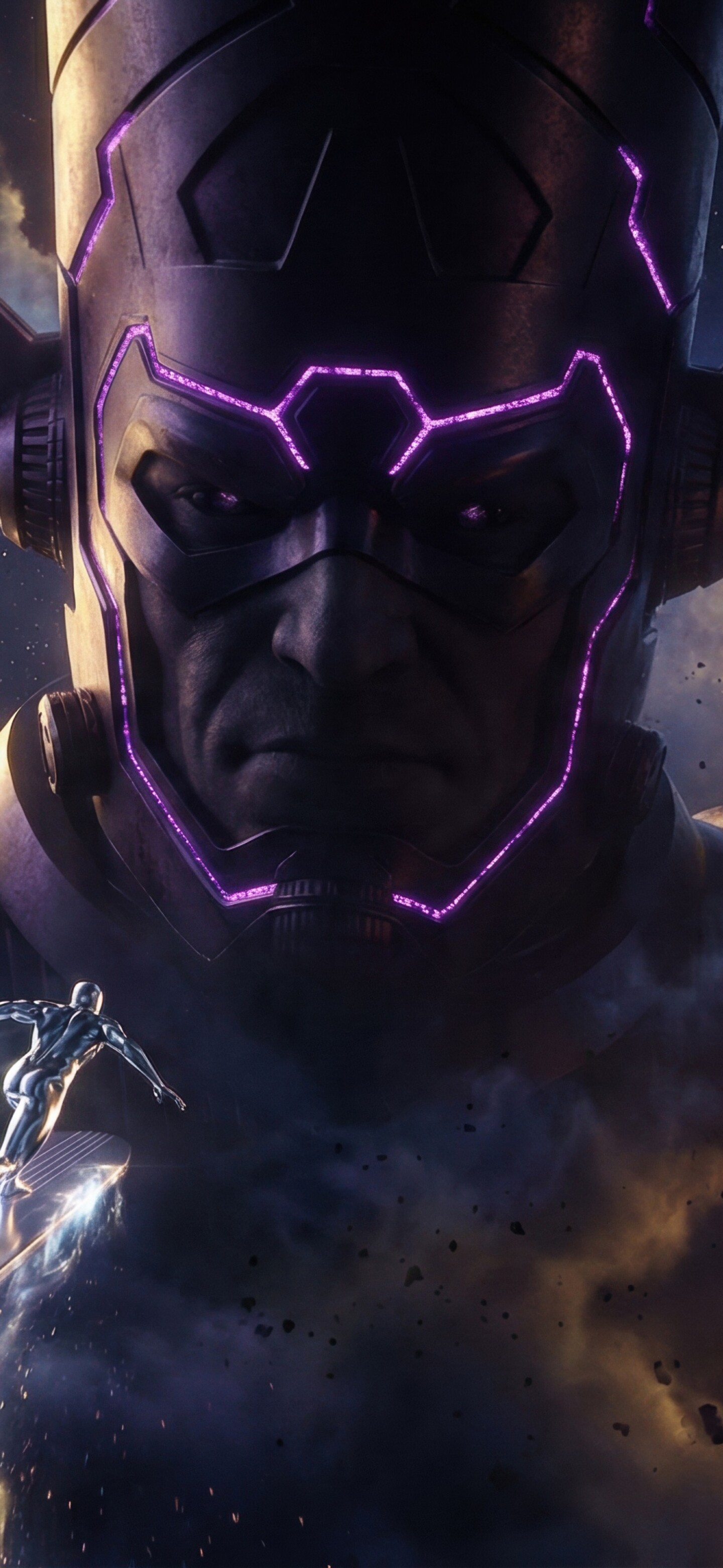 A highly detailed, cinematic portrayal of the Silver Surfer from Marvel Comics, featuring sleek metallic skin and cosmic energy.